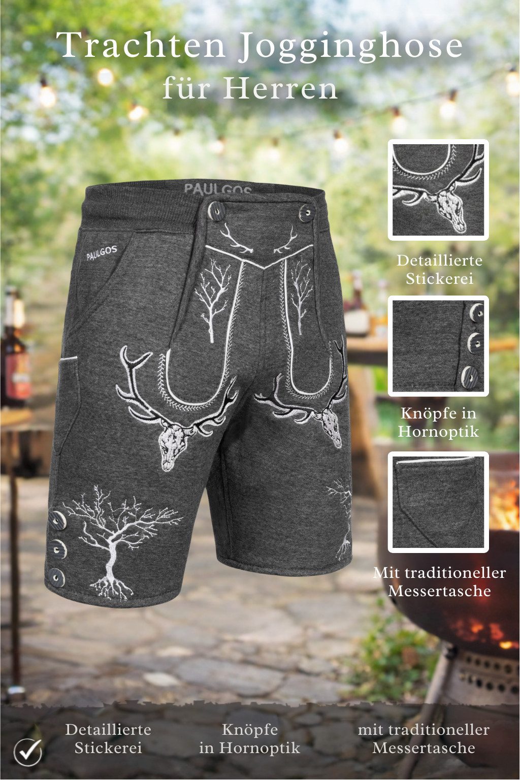 PAULGOS Trachtenhose Herren Jogginghose Design Lederhose Kurz Sweathose Bermuda Shorts JOK6