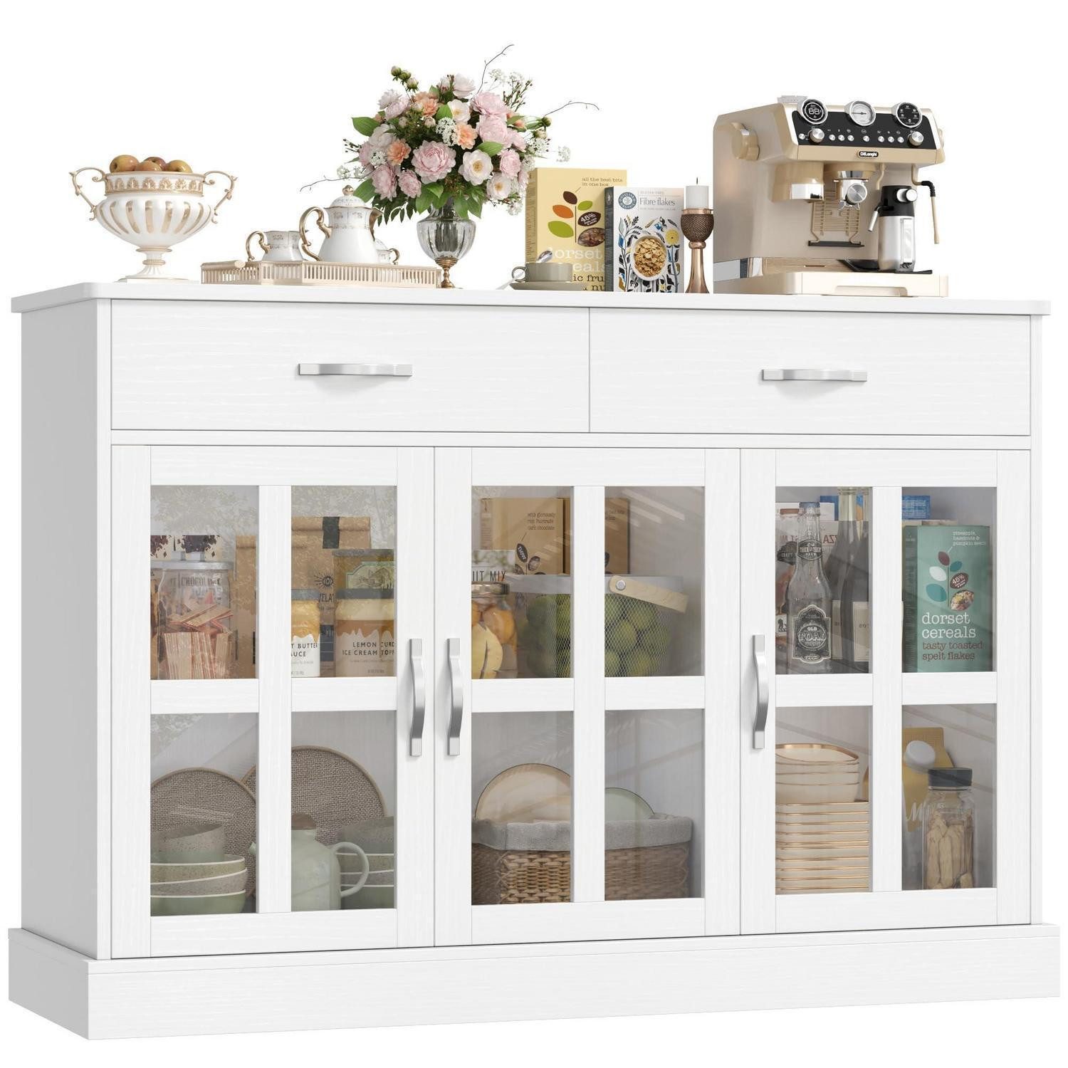 LuxusKollektion Küchenbuffet Sideboard 120 cm 3 Glastüren 2 Schubladen weiß Holzmaserung