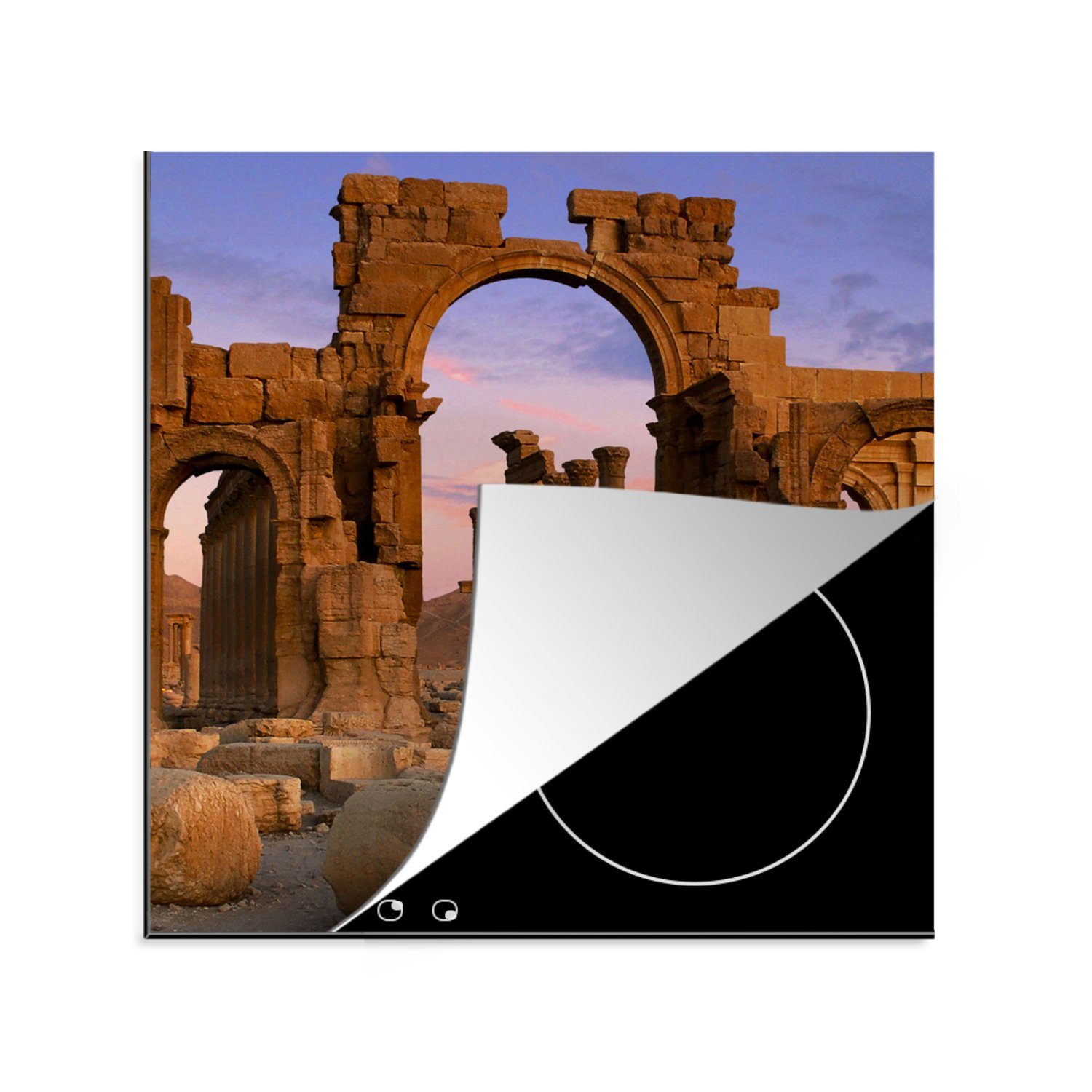 Ceranfeldabdeckung, an Herdblende-/Abdeckplatte Syrien, (1 den in 78x78 tlg), Arbeitsplatte Vinyl, Triumphbögen küche MuchoWow Sonnenuntergang für antiken cm,