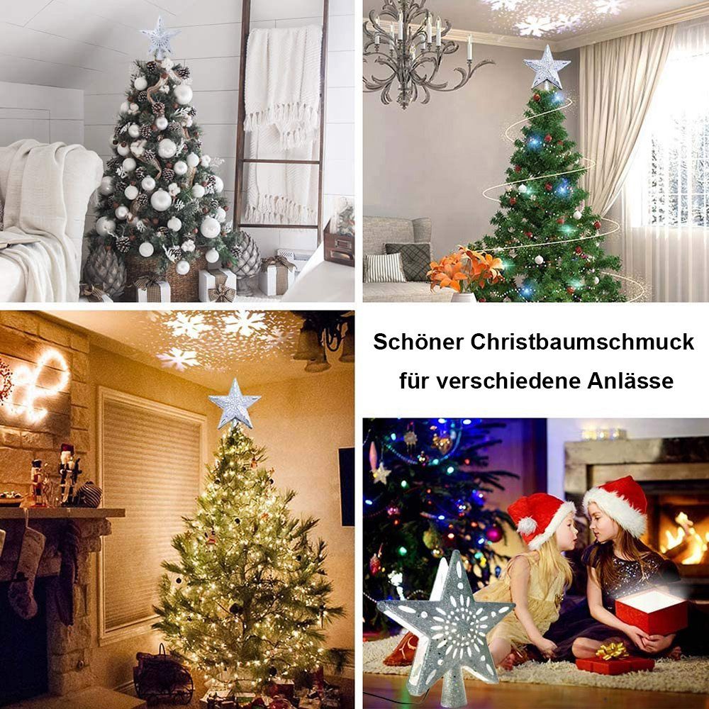 Jibenhome Christbaumspitze Schneeflockenprojektor Stern Baumspitze Christbaumspitze, Stecker, Schneeflocken-Projektionslampe für Tannenbaum Weihnachtsbaumschmuc – Bild 4 von 5