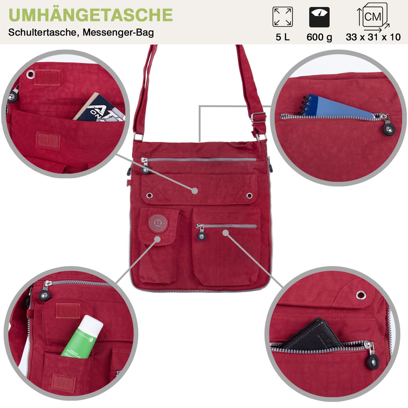 compagno Henkeltasche, Sportive Umhänge-Tasche mit viel Stauraum Reise Kuriertasche