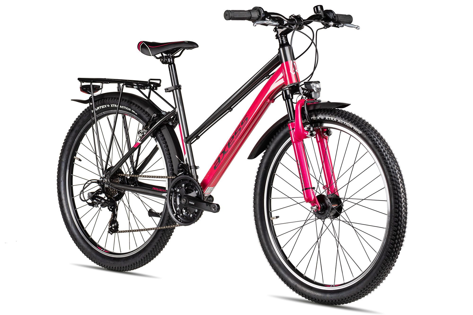 Axess Kinderfahrrad Axess Adventure 26 Trapez, 21 Gang Shimano Tourney 21 Schaltwerk, Kettenschaltung, Straßenausstattung violett/rosa