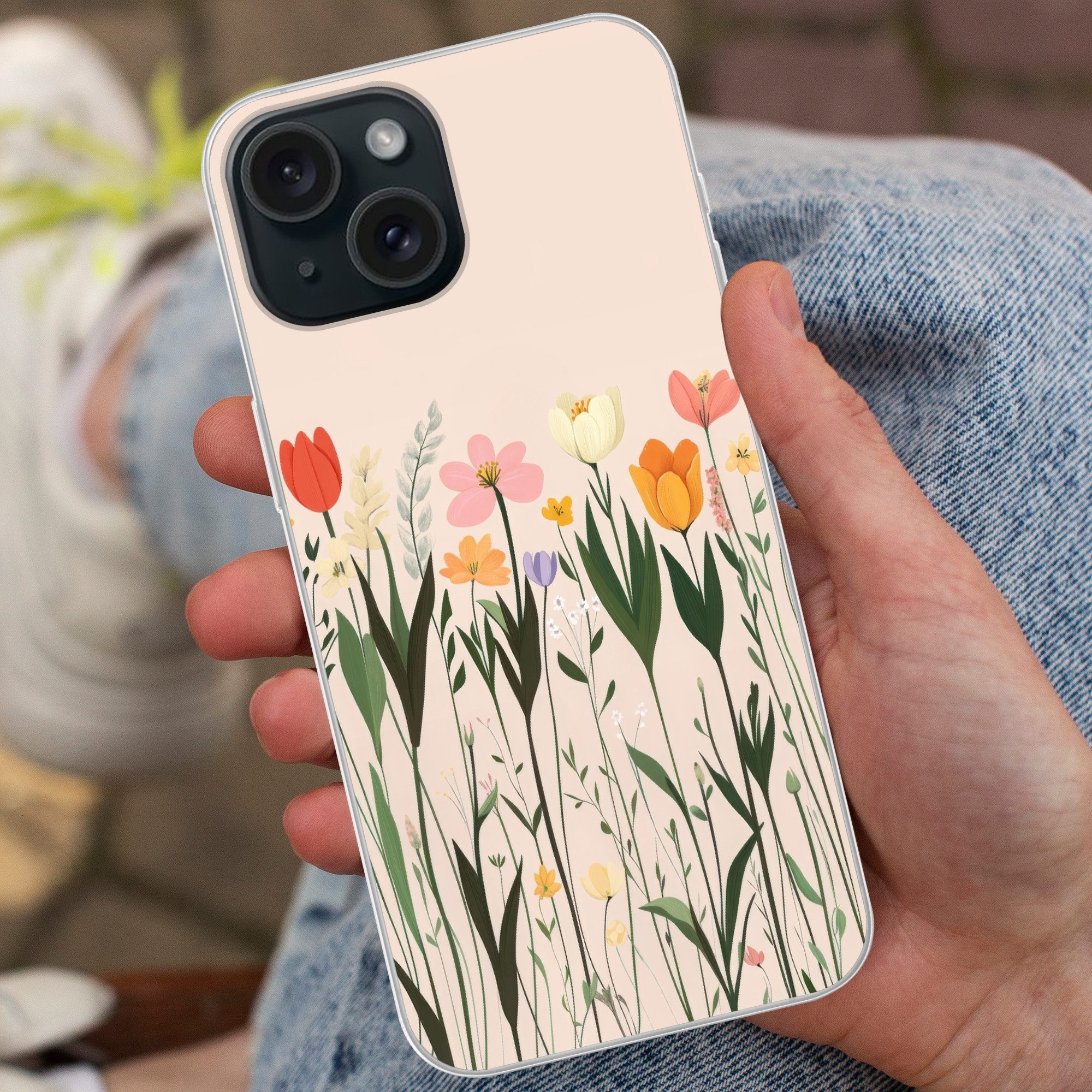MuchoWow Handyhülle für Apple iPhone 15 Pastelltöne - Blumen - Illustration, Smartphone-Bumper, Print, Handy Schutzhülle Dünn