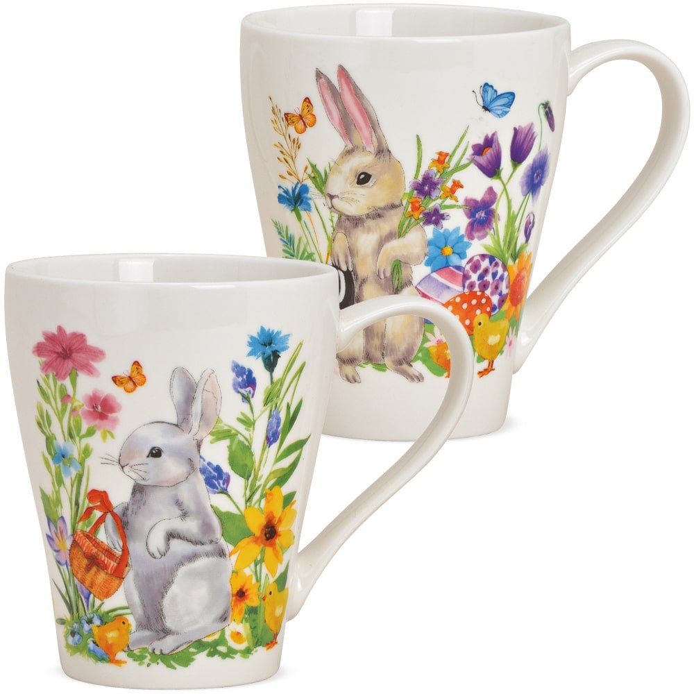 matches21 HOME & HOBBY Tasse Kaffeetassen 2er Set Ostern Frühling Osterhase Blumen, Porzellan, Tee, Kaffee-Becher, klassisch, weiss bunt, 350 ml
