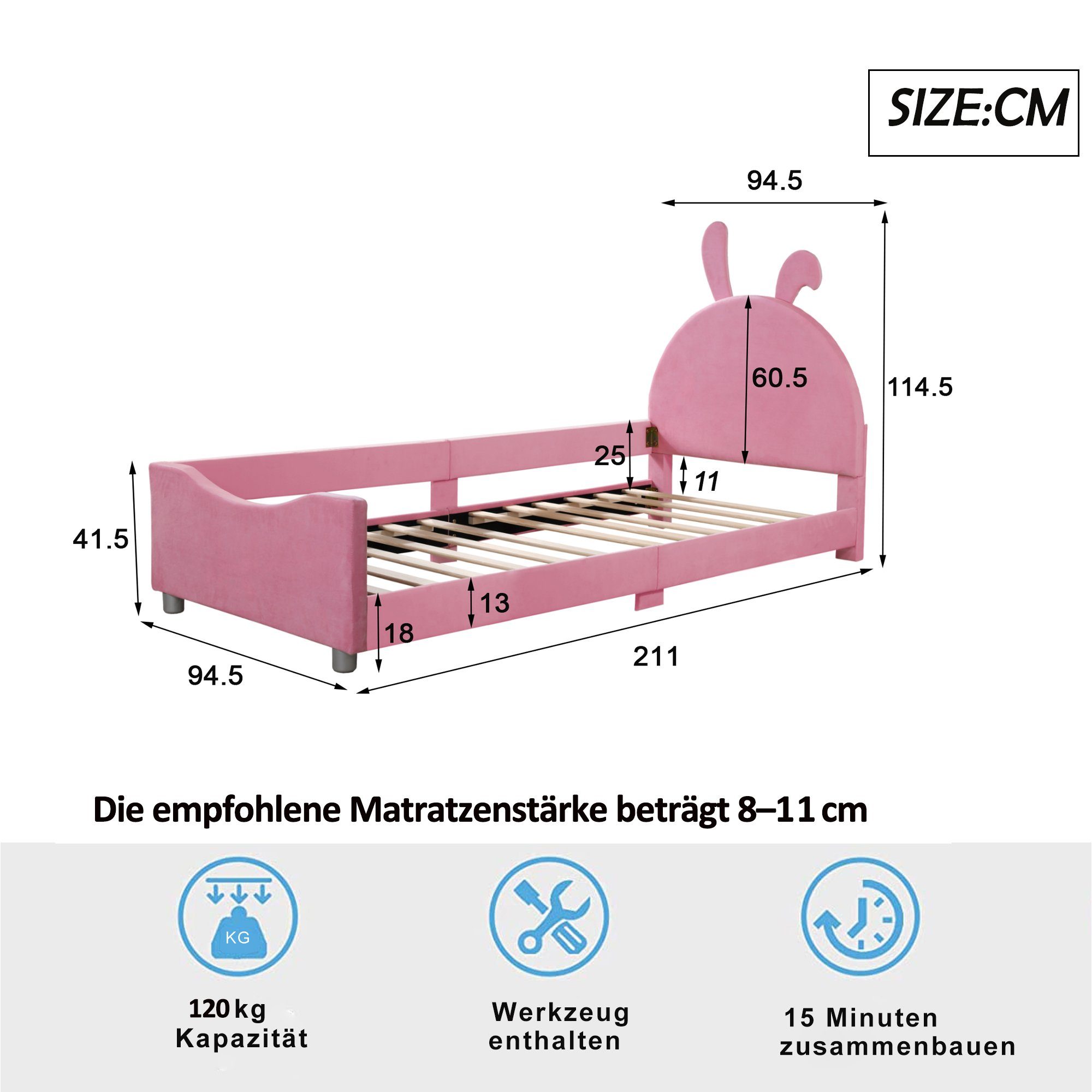 mit Bettgestell Polsterbett Eltern-Kind-Bett), Rückenlehne Kinderbett rosa Bett Gästebett (90*200cm, Flanell ohne REDOM Armlehne Einzelbett, Matratze