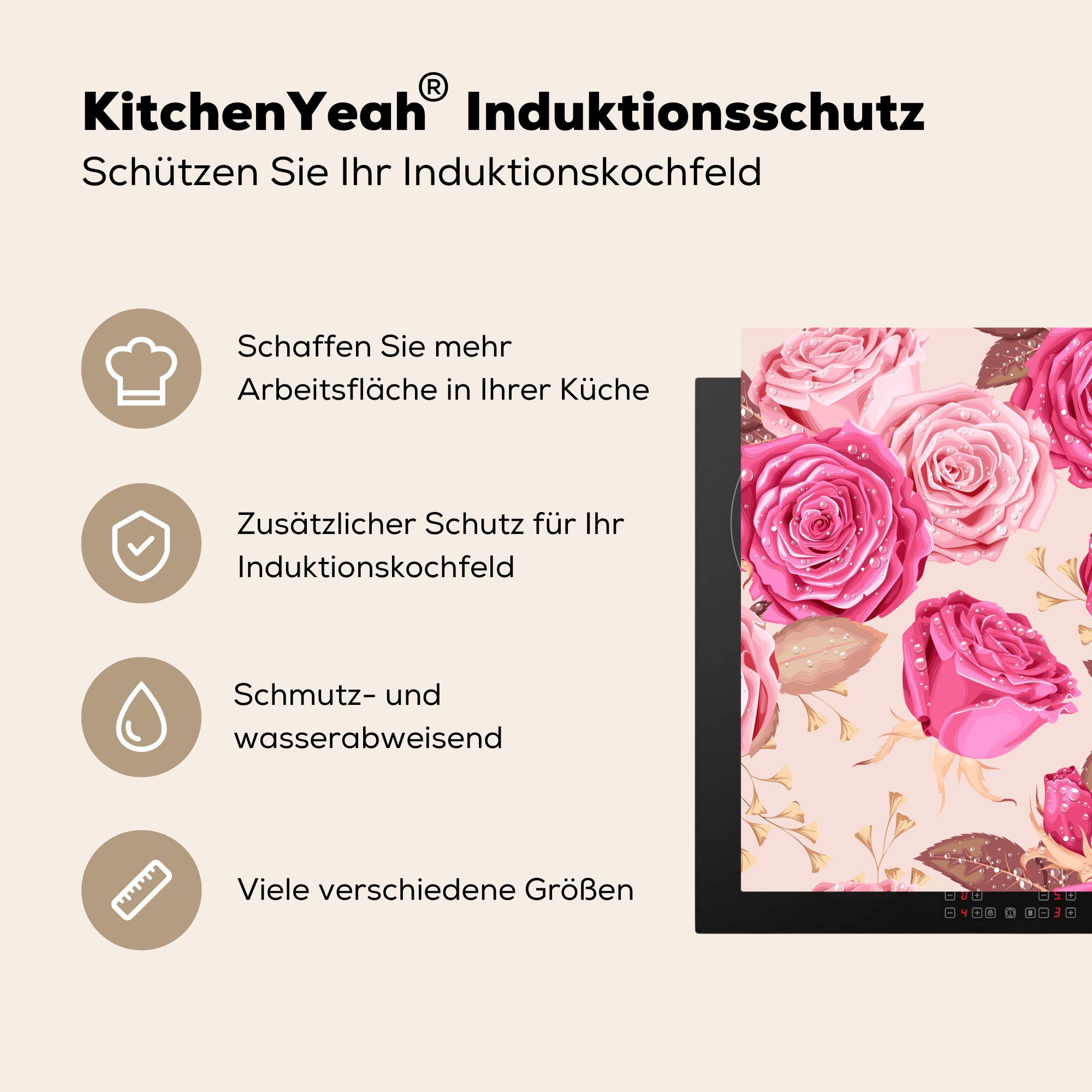 Blumen 78x78 Vinyl, für küche cm, Herdblende-/Abdeckplatte tlg), Ceranfeldabdeckung, Muster, - Rosen (1 - Arbeitsplatte MuchoWow