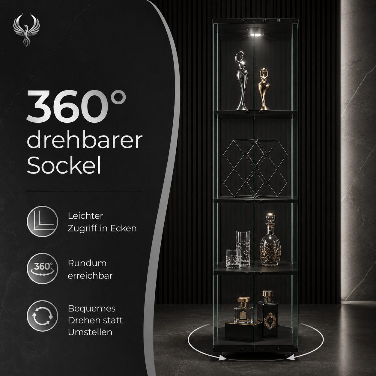 Simurq Glasvitrine mit LED-Touch-Licht und 360° Sockel für Deko und Figuren (1-St., 6 Varianten verfügbar) 360° drehbar, 38 × 38 cm Stellfläche, LED-Touch-Licht – Bild 3 von 5