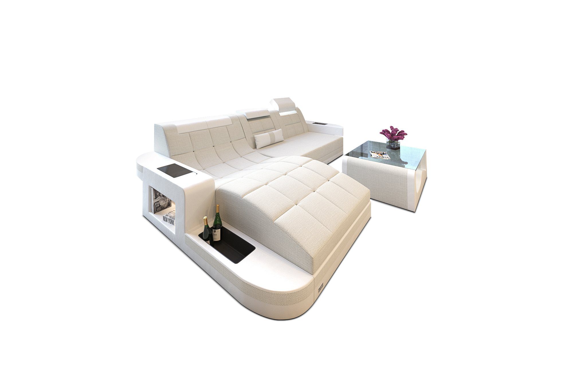 Sofa Dreams L-Form mit L Ecksofa H Bettfuntktion wahlweise Stoff Sofa, Wave Form Polster Couch Sofa Stoffsofa Strukturstoff mit LED, Stoffsofa elfenbein-weiß