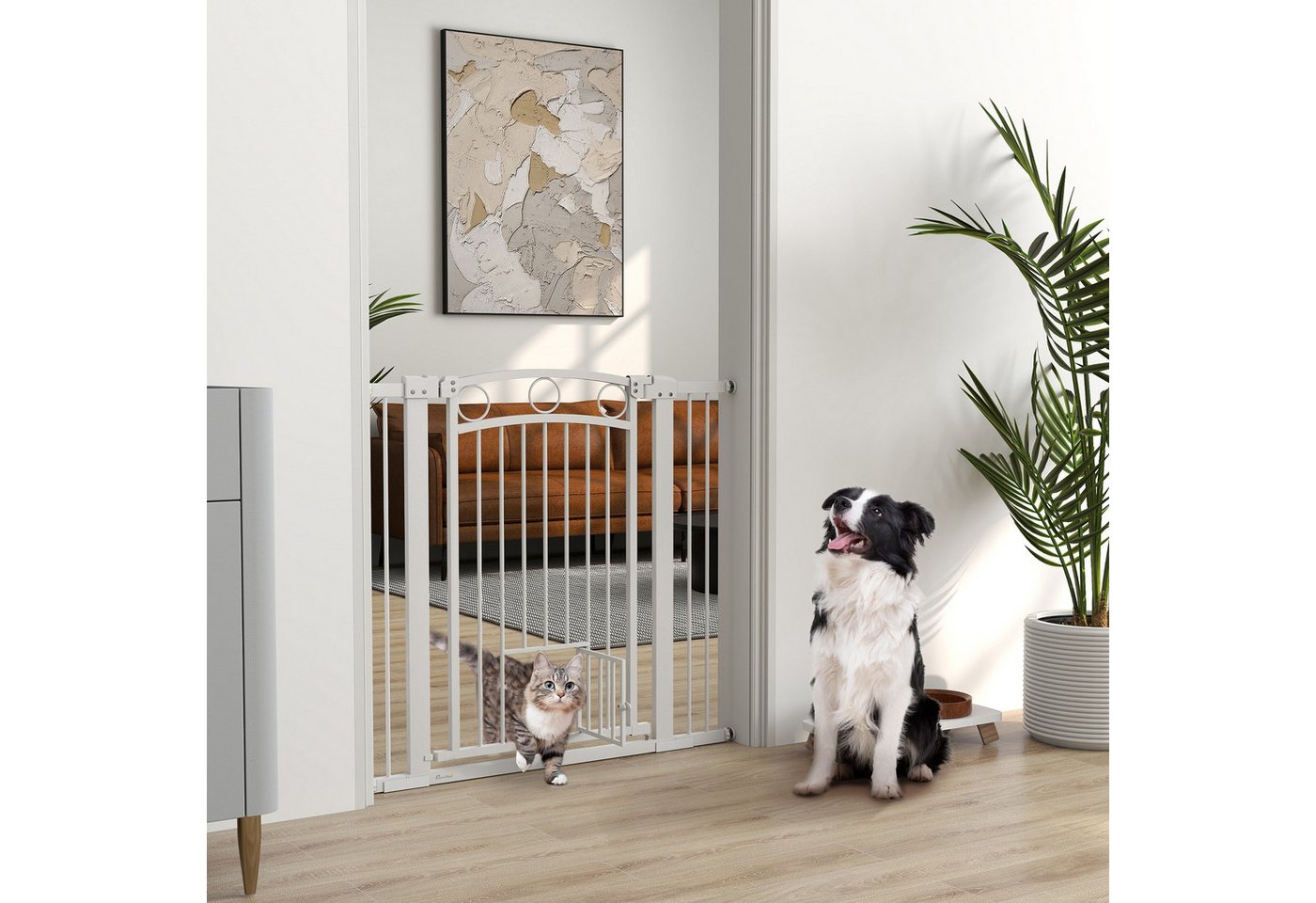 PawHut Hundegitter Treppenschutzgitter Türgitter Breiten 76-104 cm Stahl (Türschutzgitter, 1 St., Absperrgitter ohne Bohren), für Treppen, Tür, Flur, Weiß