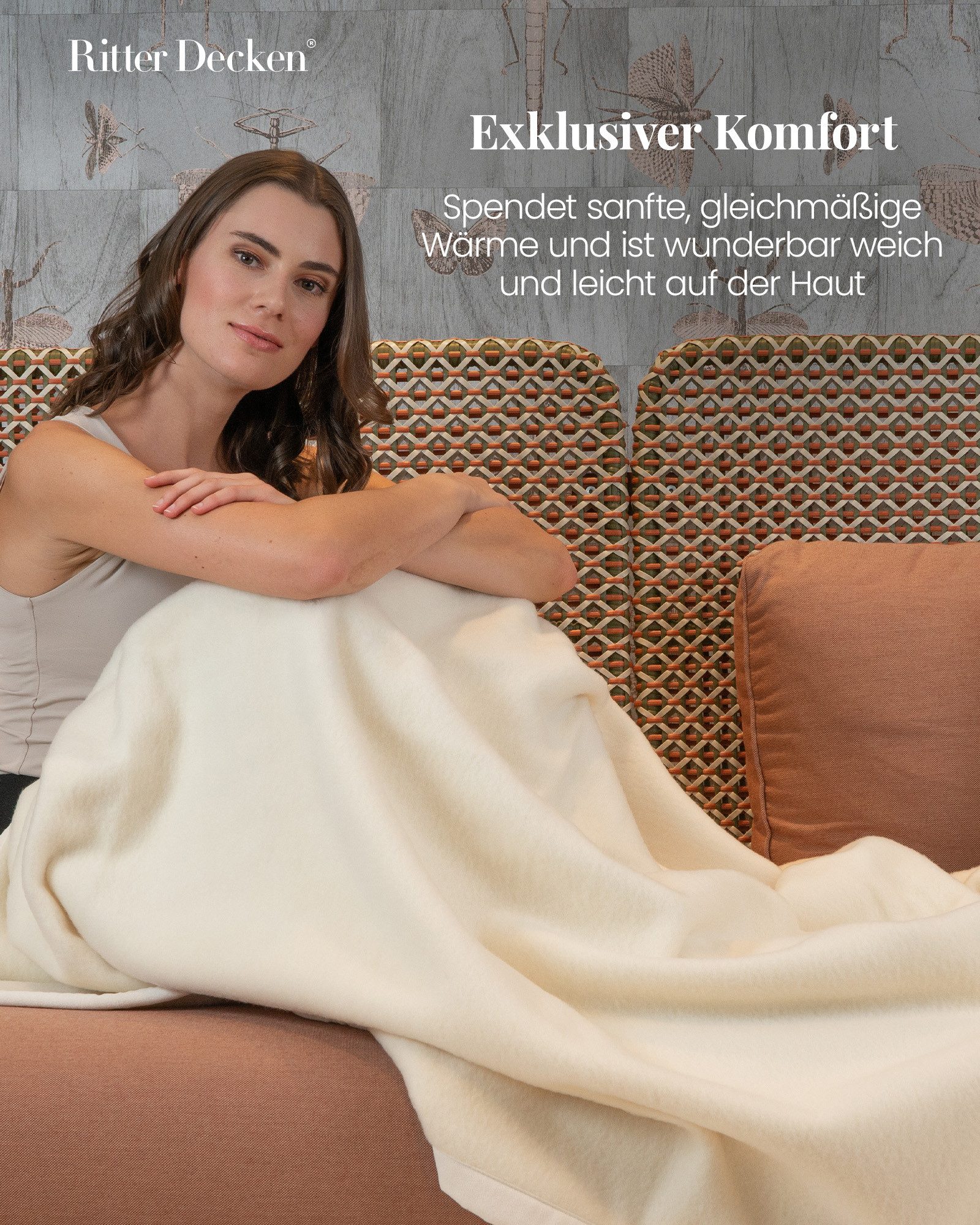 Wohndecke Edle Kashmirdecke Kaschmount aus 100% feinstem Kashmir cremeweiß, Ritter Decken, Wolldecke, feinste Qualität, 100% Kashmirwolle, weitere Größen