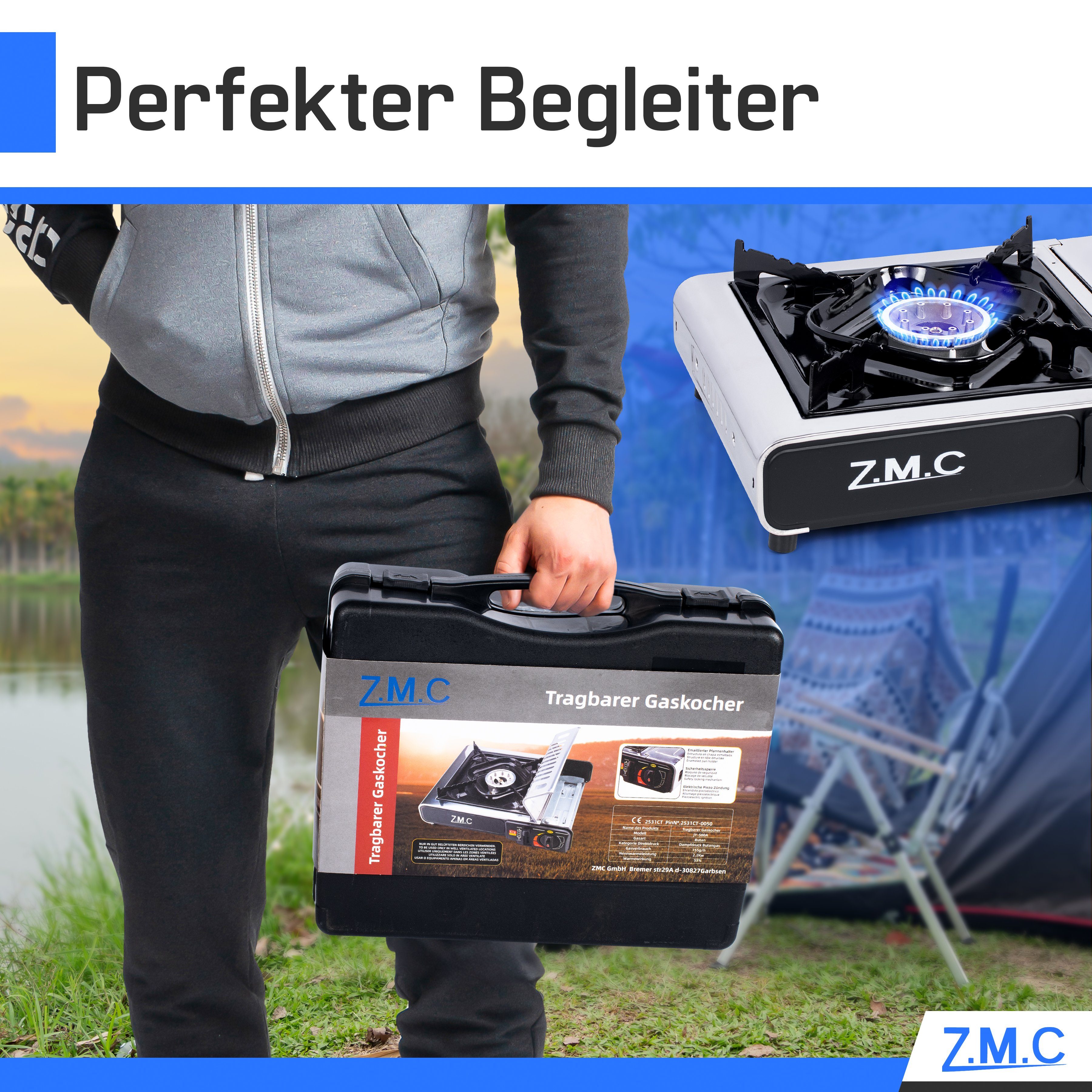 ZMC Gaskocher Edelstahl 1 flammig Campingkocher Gaskocher Grillplatte+4 Gaskartusche, (Grill Platte Tischgrill Doppel Gasbrenner Gasgrill Kochfeld mit Piezozündung Wärmeleistung: 2,2KW, 2,2KW), Butan Gas 227g Gaskocher Outdoor Camping Gas Kocher Herd Butangas