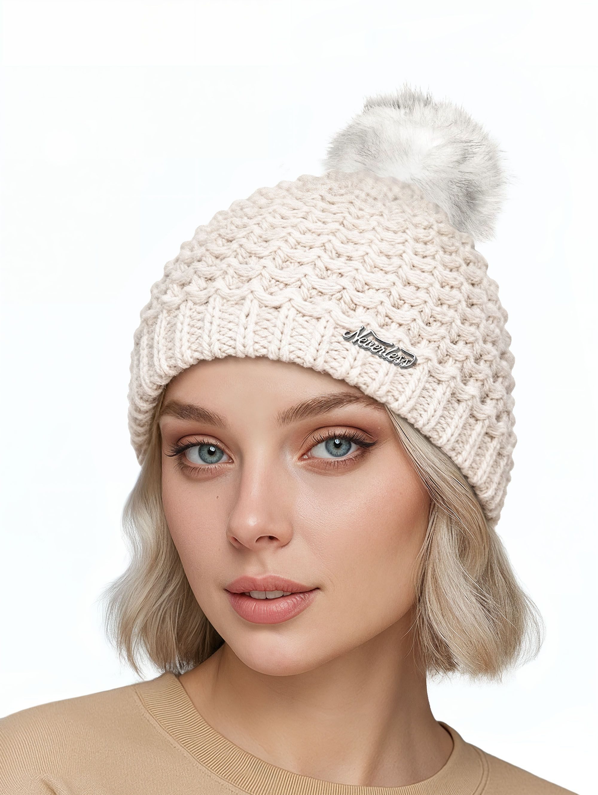 Neverless Strickmütze Damen Strickmütze Perlstrickmuster Pudelmütze Wintermütze ohne