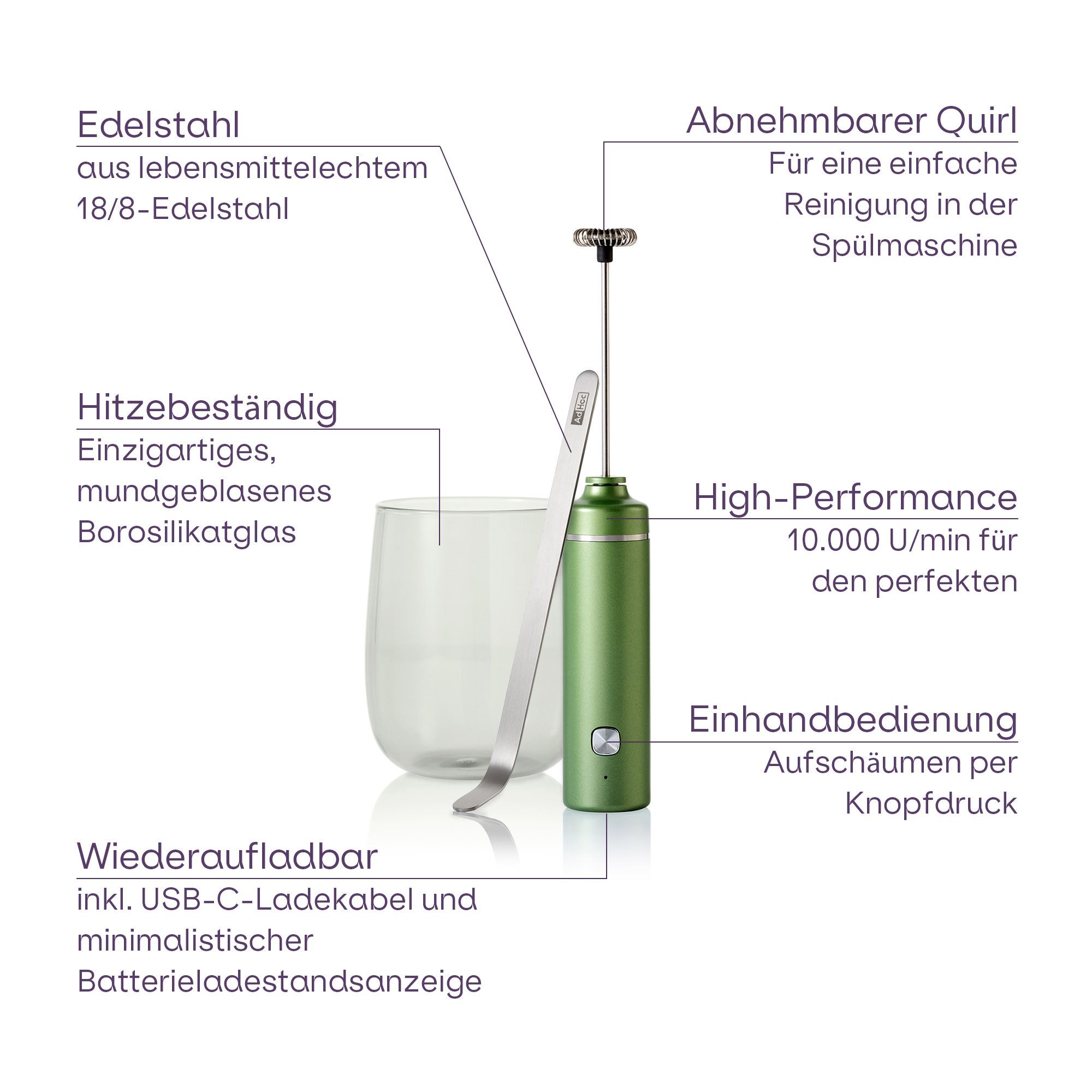 AdHoc Milchaufschäumer Matcha-Genießer-Set Chado, mit Glas und Löffel
