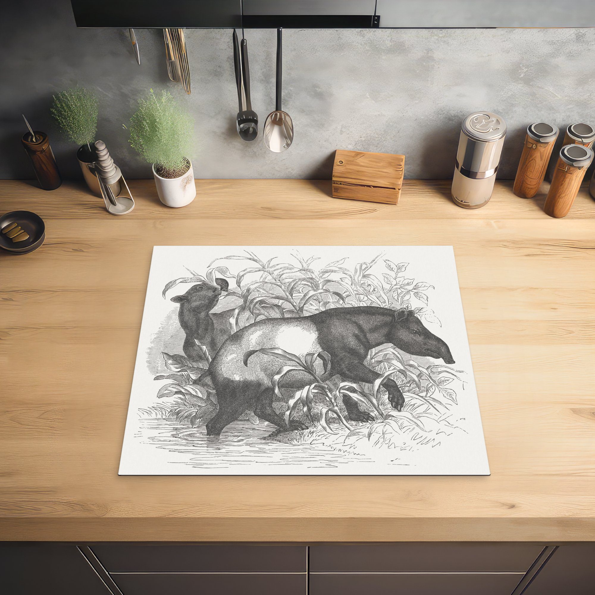 MuchoWow Herdblende-/Abdeckplatte Illustration Ceranfeldabdeckung Vinyl, nutzbar, Arbeitsfläche einer in 60x52 tlg), (1 Mobile Tapirs cm, eines natürlichen Umgebung
