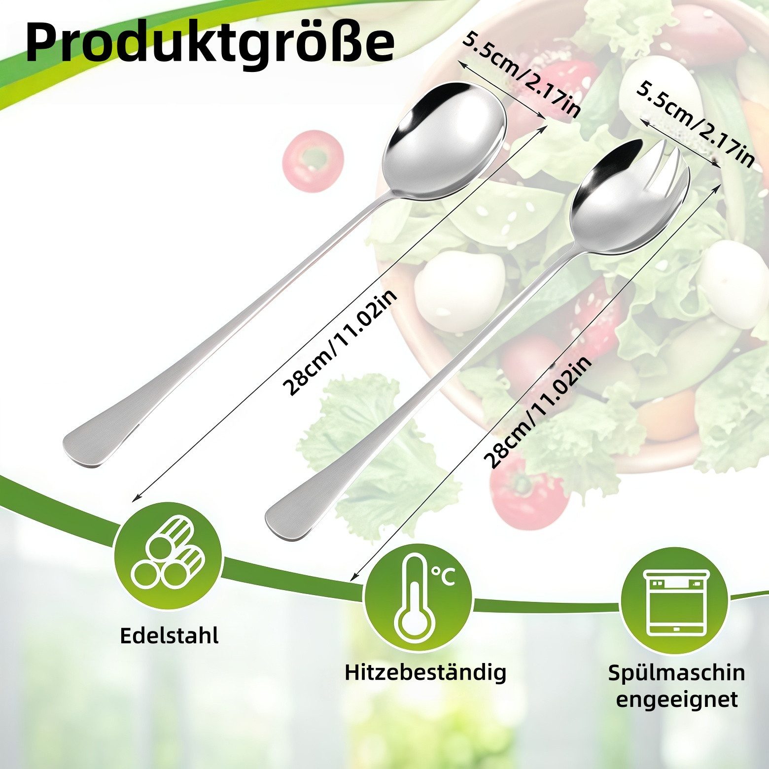 FOUORTUNATE-BEE Salatbesteck 2-teiliges Salatbesteck aus Edelstahl mit langem Griff (2-tlg) – Bild 2 von 5