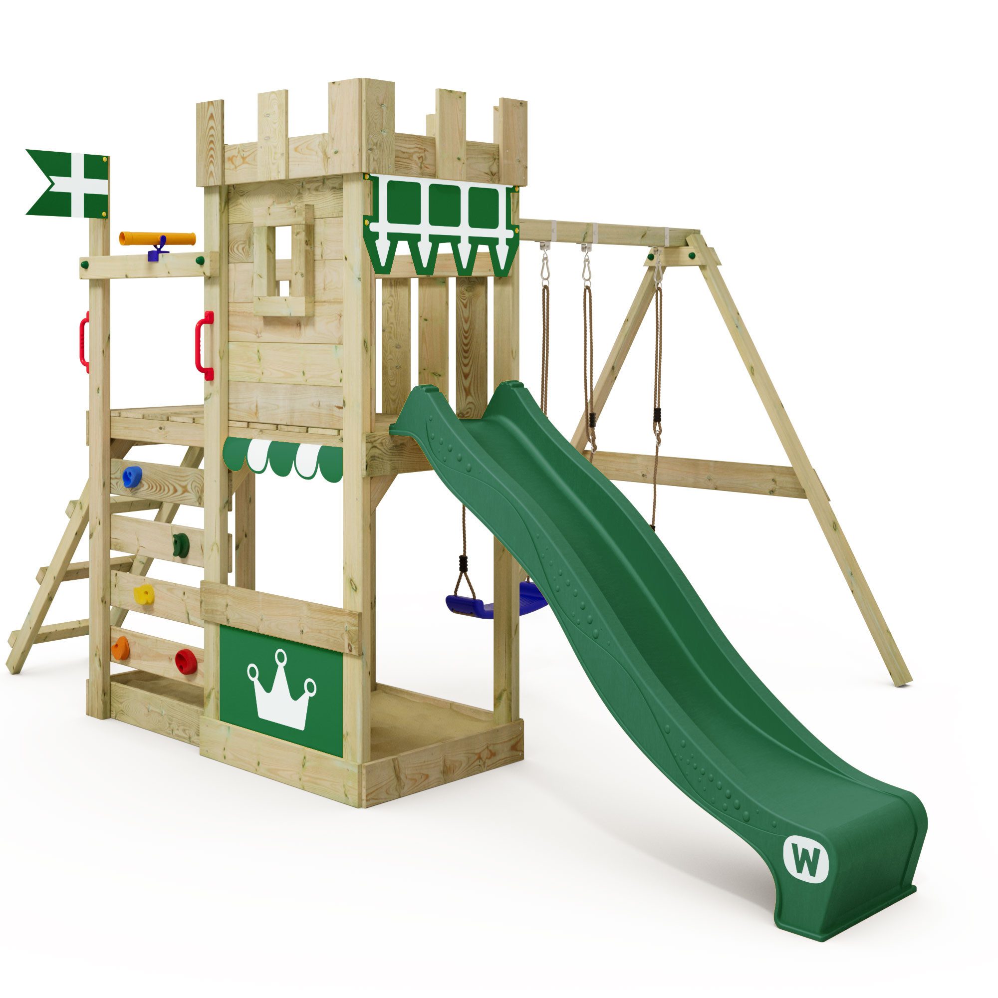 Wickey Spielturm RoyalFlyer – Abenteuer-Spielgerät für Garten mit Rutsche und Schaukel, Spielhaus-Ritterburg mit 10 Jahren Garantie*