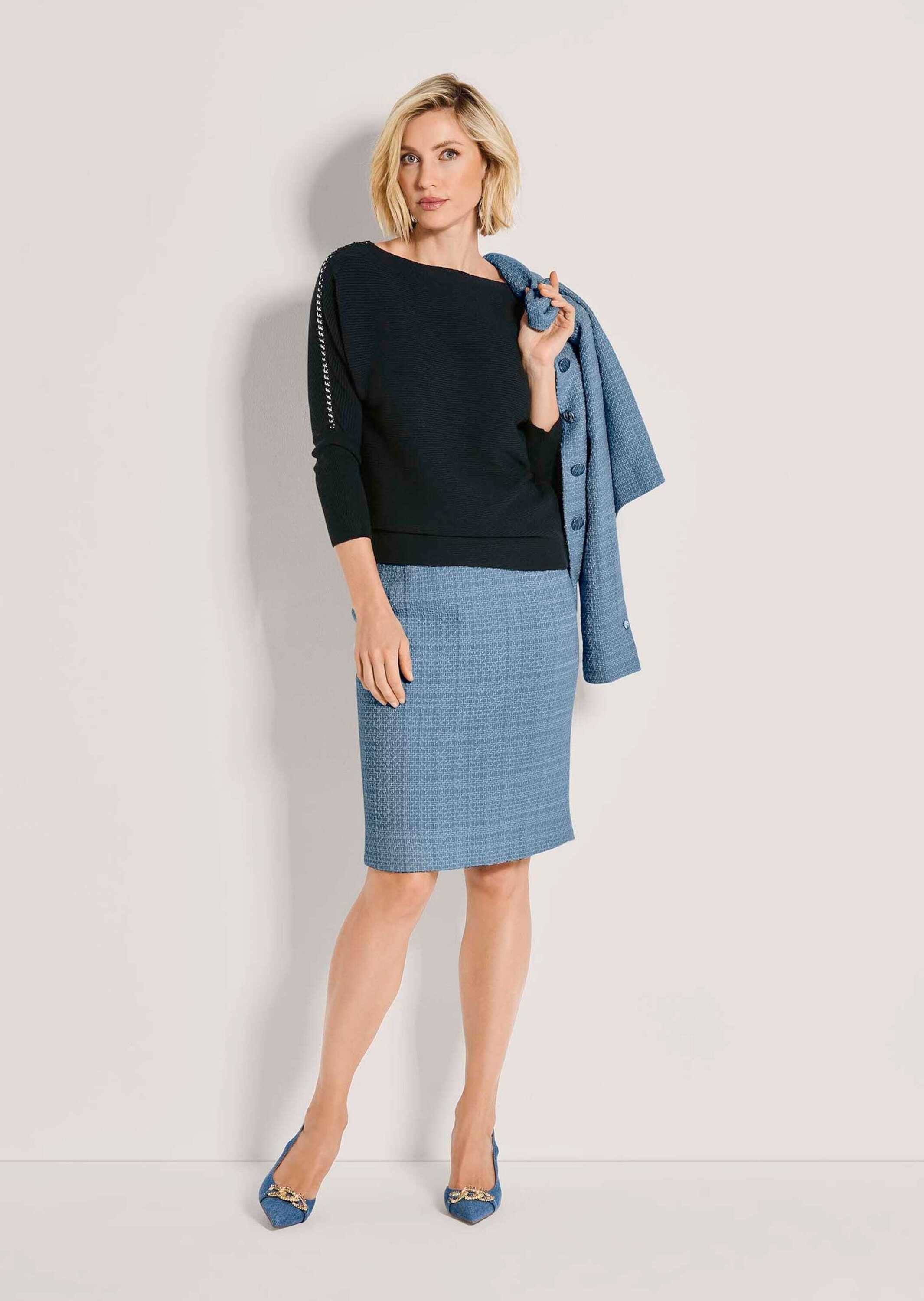 MADELEINE Bleistiftrock Bleistiftrock in Tweed-Optik Midirock ohne Bund mit Reißverschluss, Gehschlitz und Knielänge