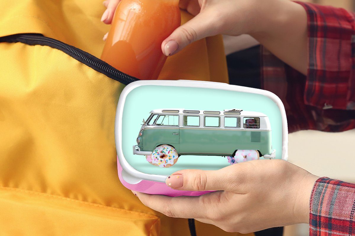 Kinder, Lunchbox Brotdose rosa Brotbox Mädchen, Kunststoff, Auto Donuts MuchoWow Kunststoff - (2-tlg), Lieferwagen - - Snackbox, für Erwachsene, Grün,