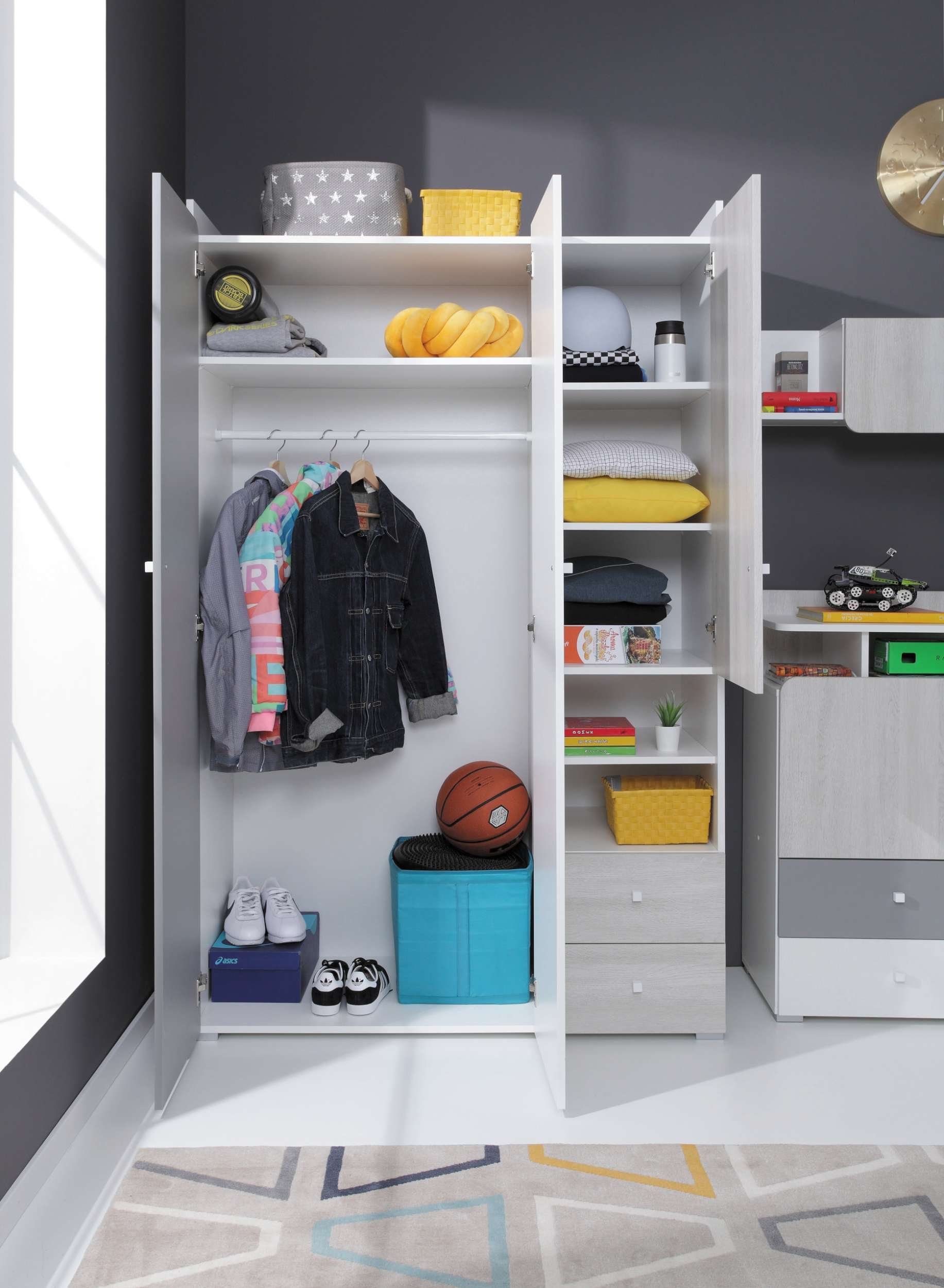 Stylefy Kinderkleiderschrank Rono Weiß Hochglanz Eiche Wilton Weiss Grau  (Kinderschrank, Mehrzweckschrank) mit 6 Fächern und Schubladen, Spanplatte,  viel Stauraum, FSC-Zertifizierung, Modern Design