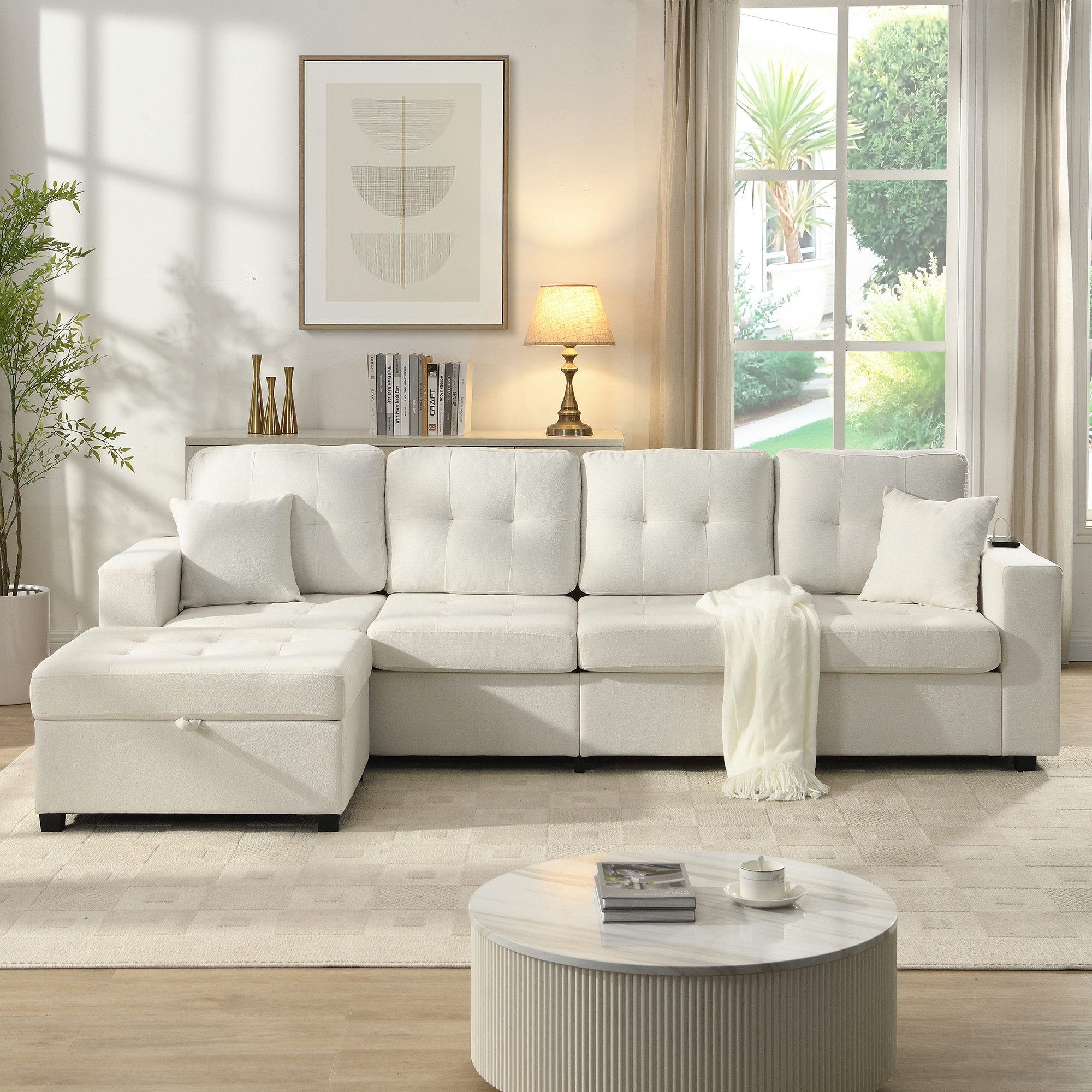 Merax Sofa mit flexiblem Hocker und großem Stauraum, L-Sofa aus Leinenbezug, 253 × 144,5 × 80,7 cm 1 Teile, 4-Sitzer-Sofa mit LED,USB & Type-C Ladeanschlüssen a – Bild 4 von 5
