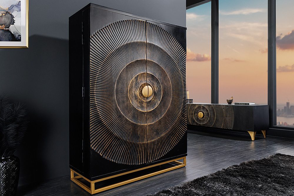 riess-ambiente Barschrank GOLDEN SUNSET 140cm schwarz / gold (Einzelartikel, 1-St) Massivholz · Metall · mit Stauraum · 24 Flaschen · 3D Front · handmade