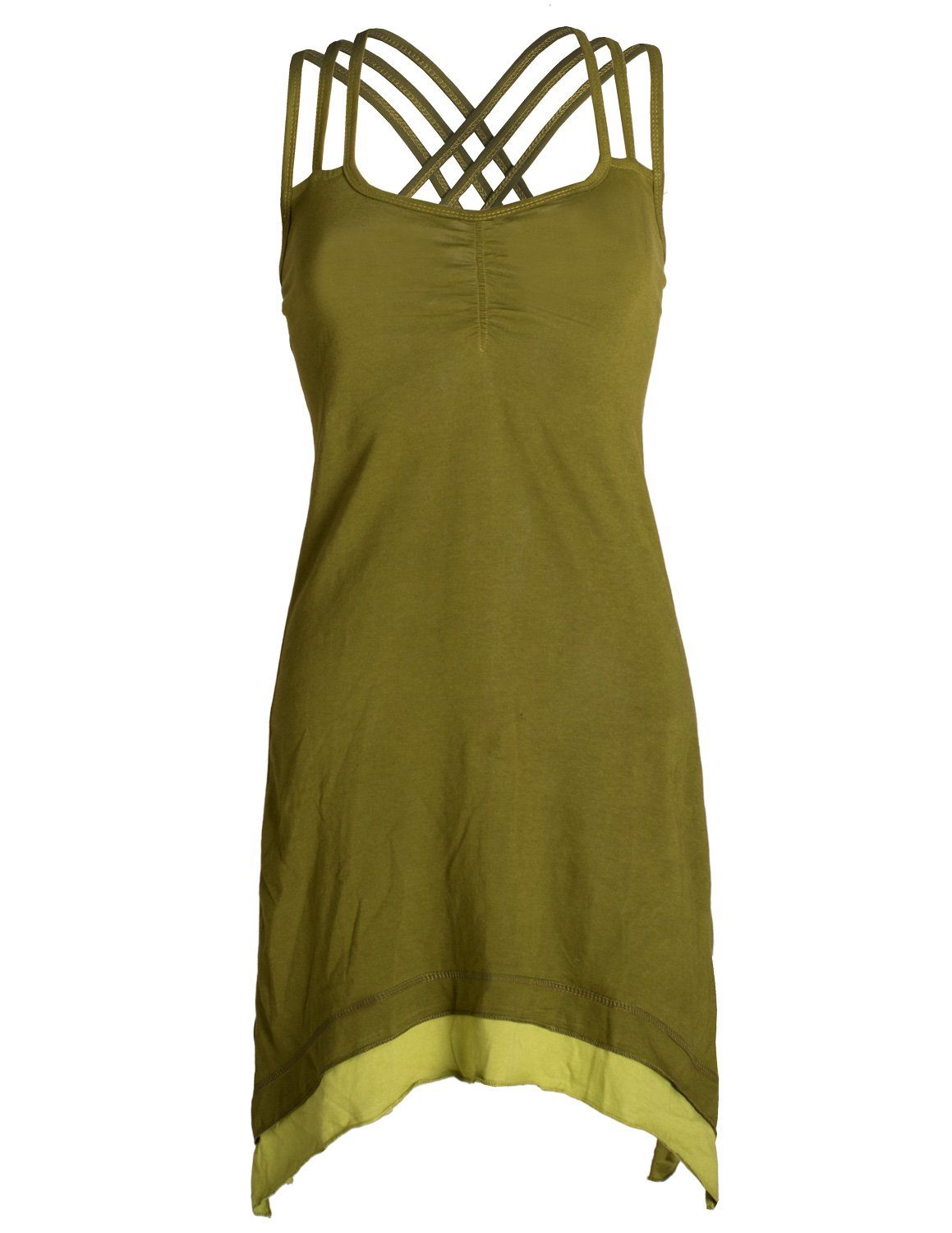 Vishes Sommerkleid Lagenlook Trägerkleid Organic mit olive Boho Style Cotton Hippie, Elfen, Zipfeln