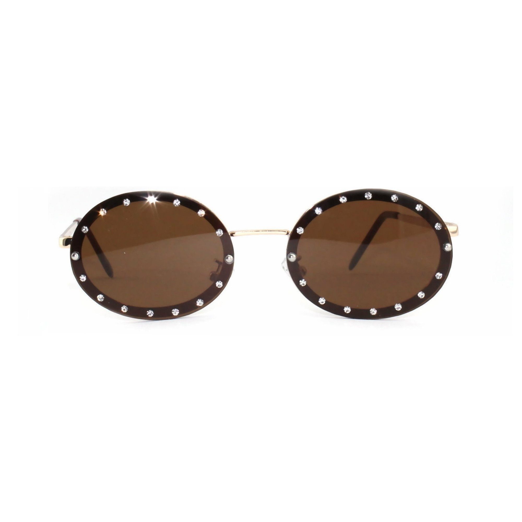 Rennec Sonnenbrille (1x Damen Brille Edelstahl Oval mit Brillenbeutel) Ovale Nickelbrille Klein mit Strass besetzte getönte Gläser