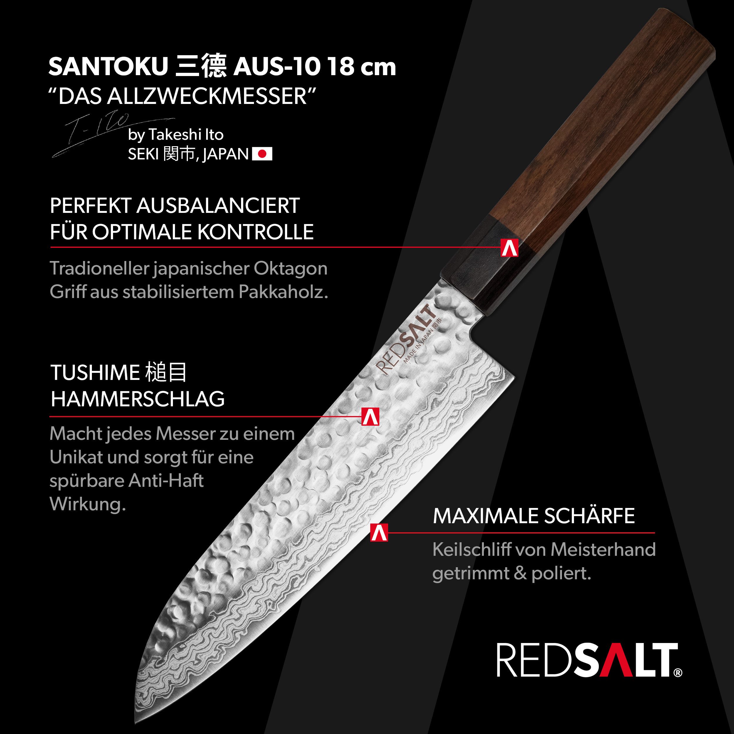 REDSALT® Damastmesser SANTOKU  18cm Profi Küchenmesser mit Ledertasche & Klingenschutz, handgefertigt, Made in Japan