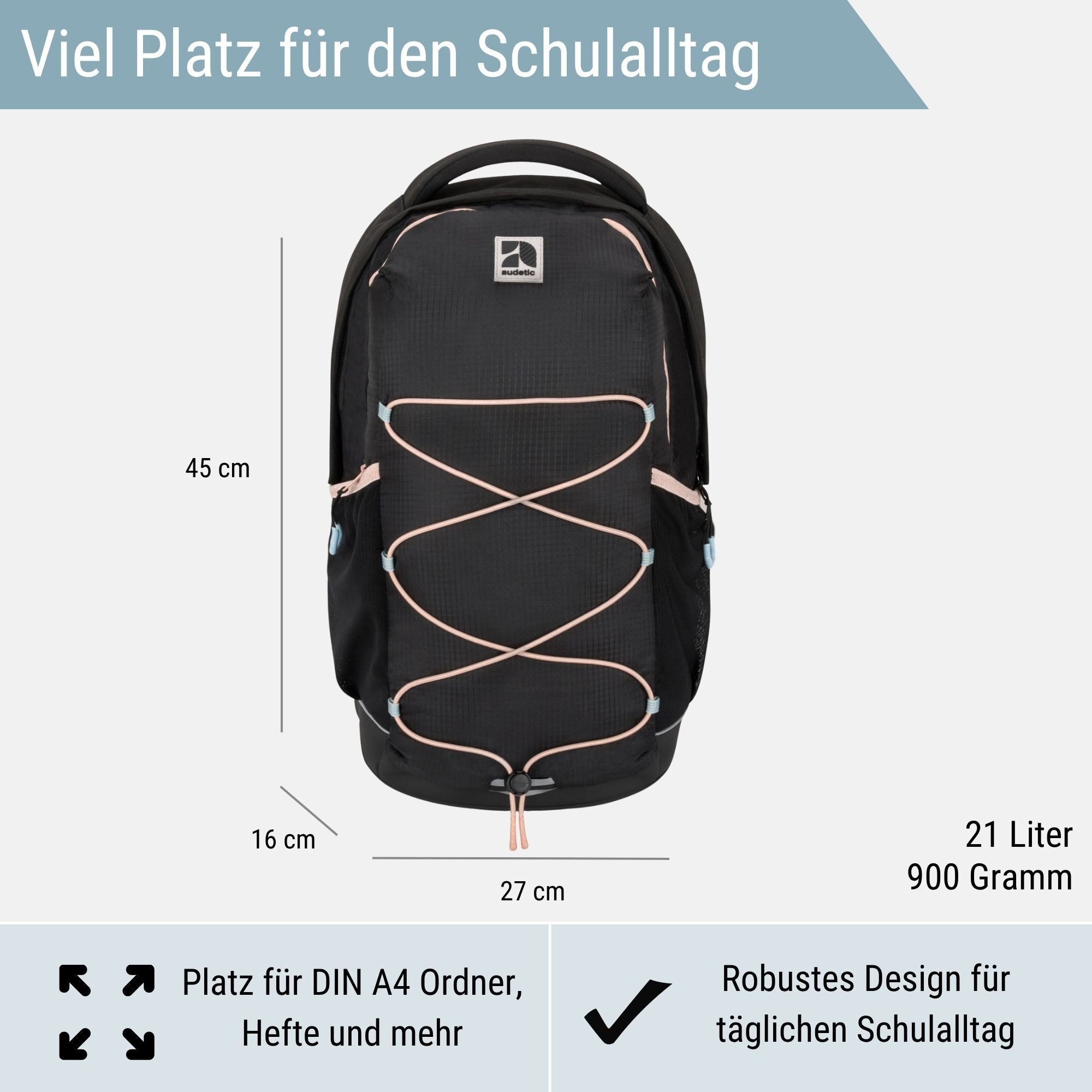 audetic Schulrucksack Aero 2.0 Schulrucksack mit vielen Fächern (1-tlg), Ergonomische Polsterung, reflektieren & wasserabweisend
