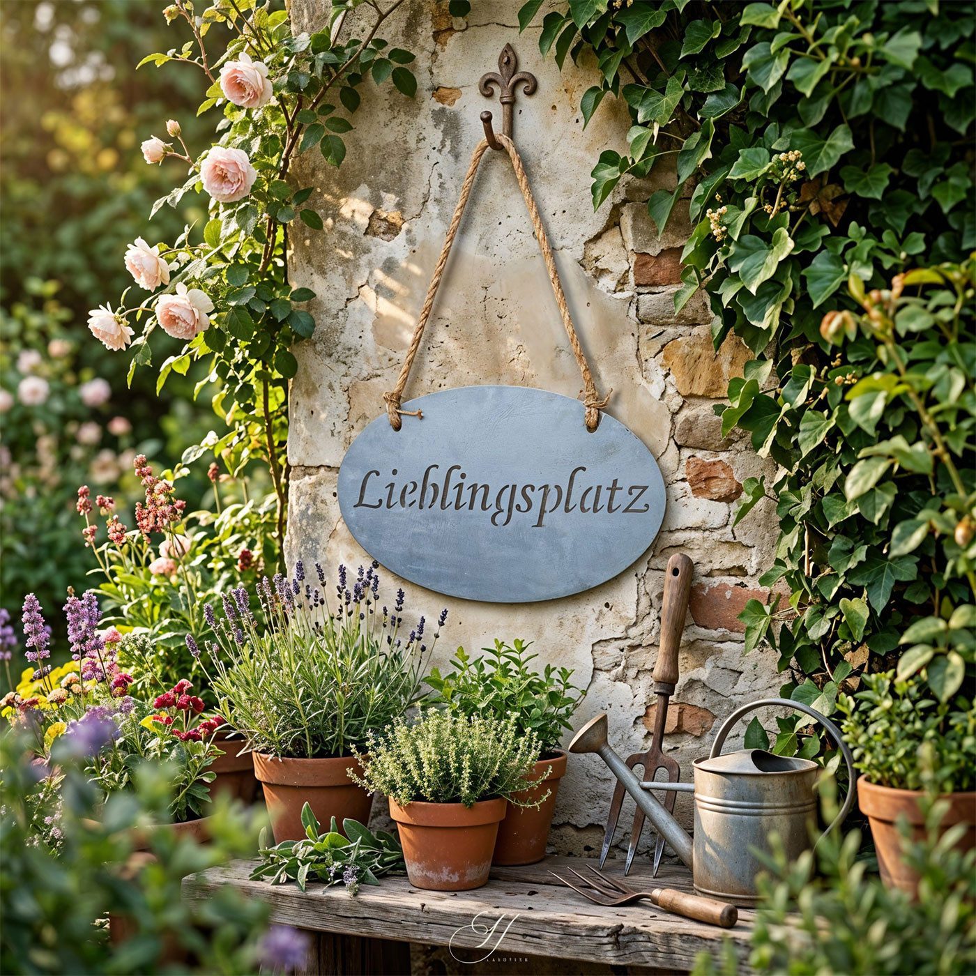 Levandeo® Metallbild, Lieblingsplatz Schild 30x18cm Garten-Deko Anhänger Türschild Beton