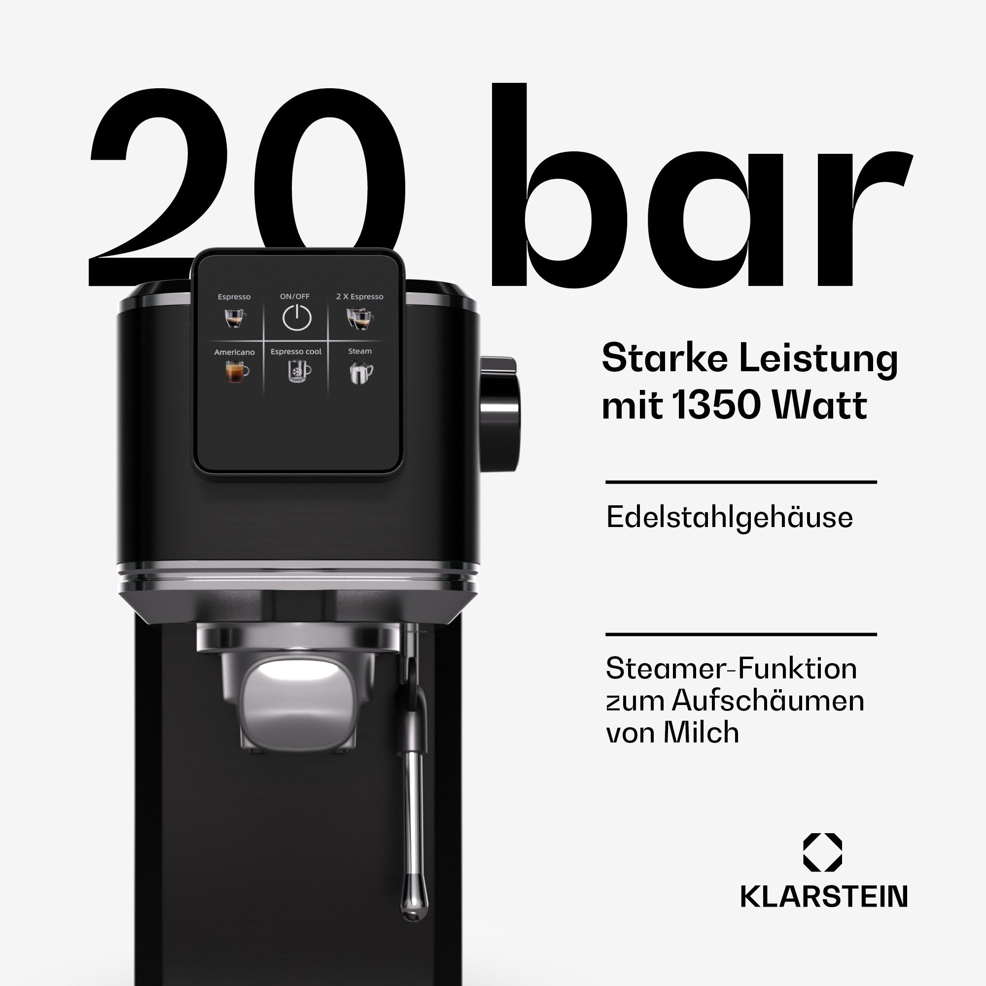 Klarstein Espressomaschine, Edelstahlfilter, Elektrisch 20 Bar Kaffemaschine Milchaufschäumer Touch