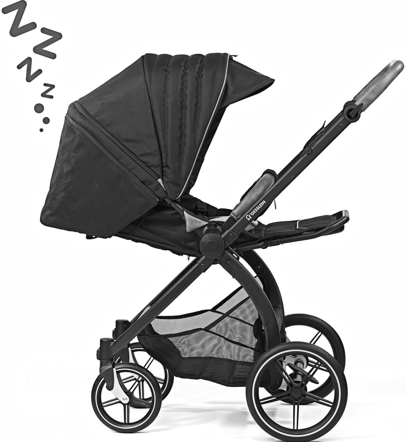 Gesslein Kombi-Kinderwagen FX4 Soft+ Swing Babyschalenadapter mit Babywanne und mit Aufsatz C3 schwarz, beere