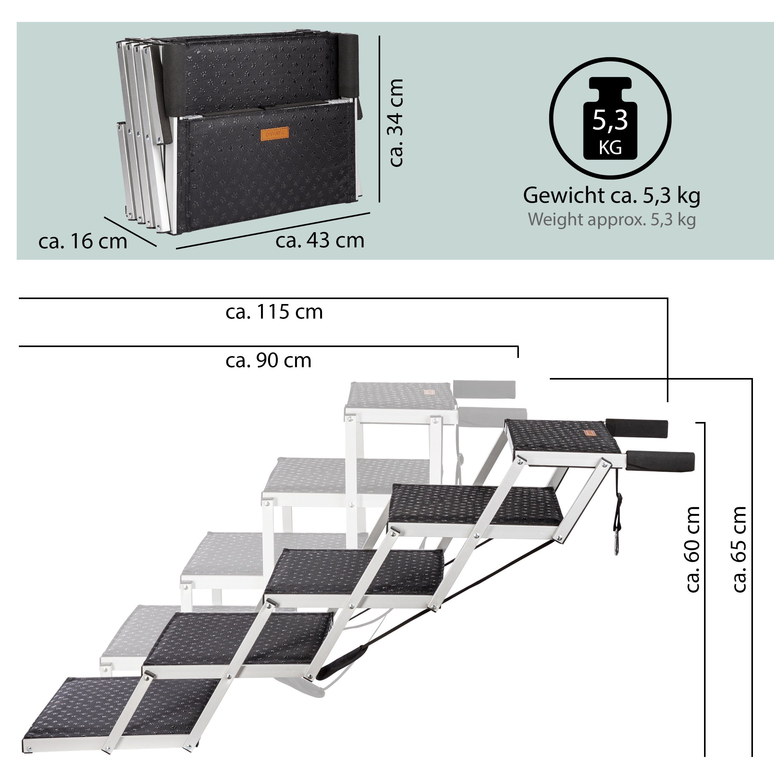 ONVAYA Hunderampe Hundetreppe faltbar, 5 Stufen, 6 Stufen, Hunderampe, Aluminium, faltbare Hundetreppe