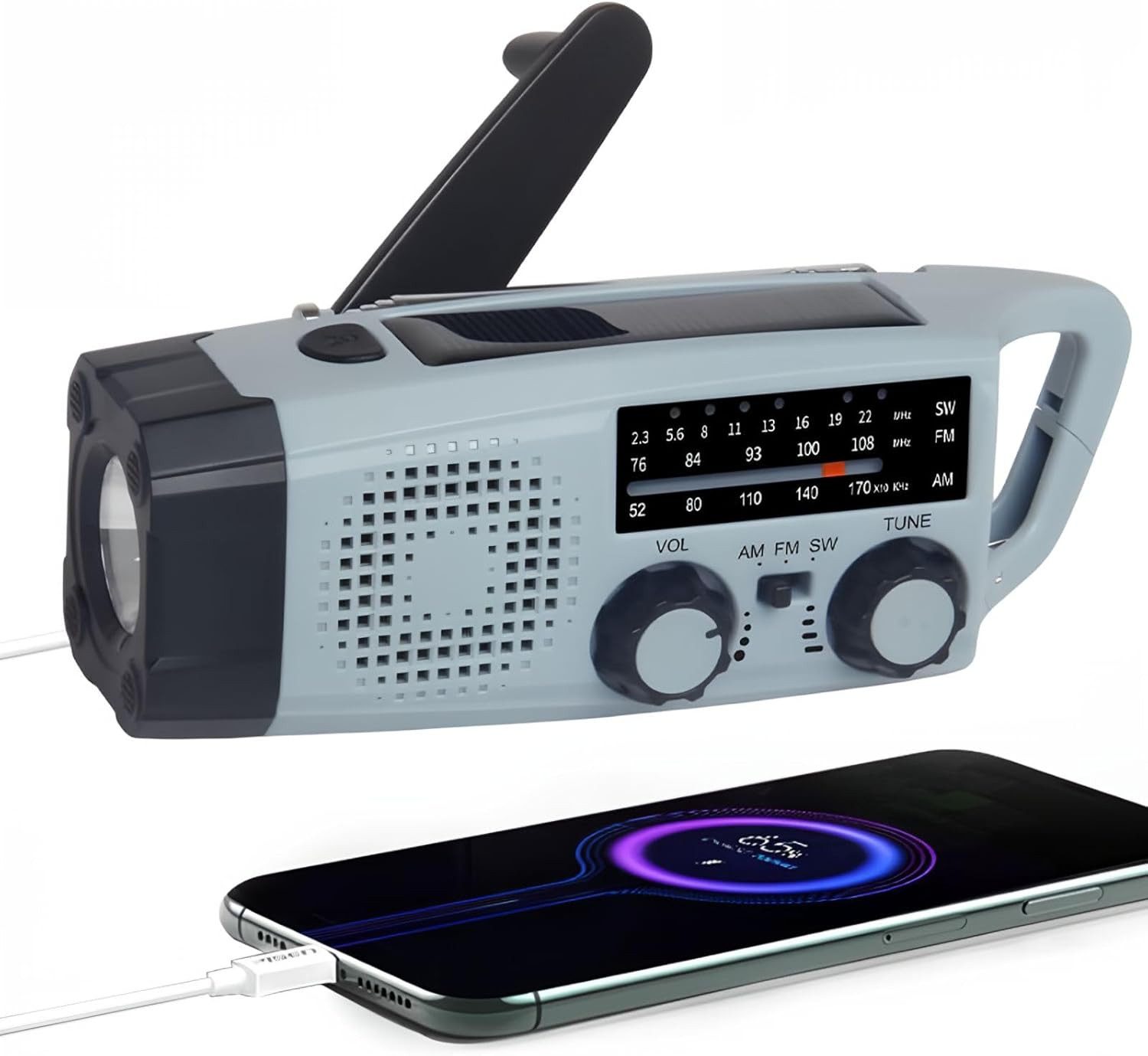 Toomoke Notfall Radio mit 2000mAh Akku & Kurbel – Solar Ladegerät integriert Radio (Campingradio, Kurbelradio, Solarradio, tragbares Notfallradio, AM/FM/SW-Radio mit Powerbank, Leselampe, SOS und USB-C)