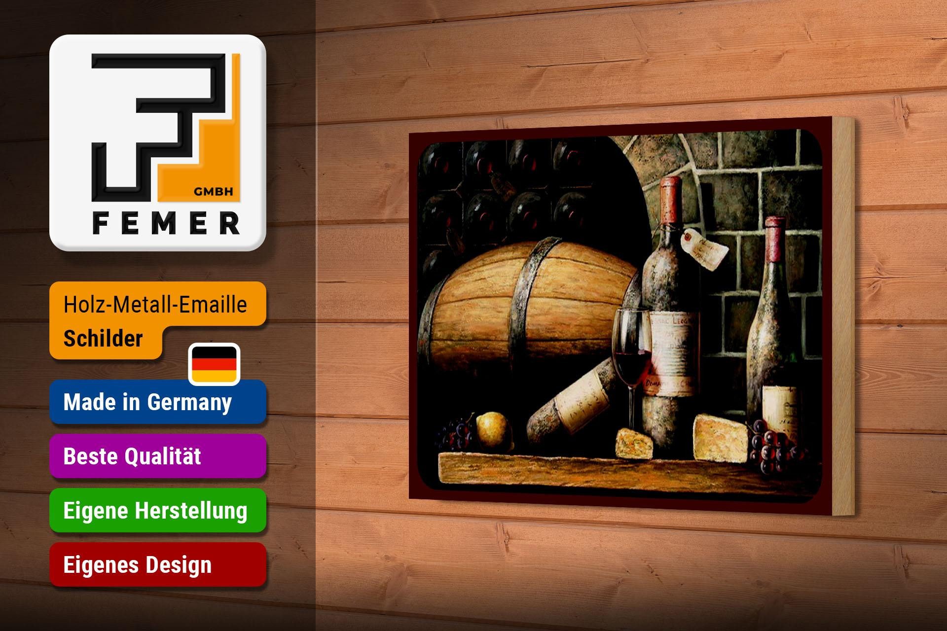 Femer GmbH Holzbild Retro 12x18 cm Rotwein Weinfass Weintrauben, (1 St), Glatte Holzfaserplatte (MDF), vorn beschichtet