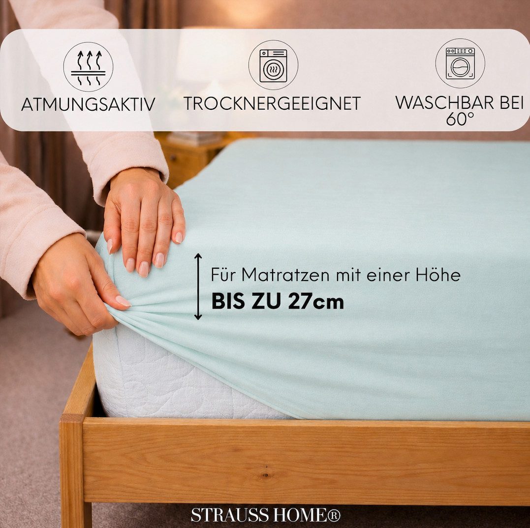 Strauss Home Spannbettlaken Premium 160 g/m² Gekämmte Baumwolle Jersey in Hotelqualität, Gummizug: Rundumgummi, OEKO-TEX®-zertifiziert - Hotelqualität – Formstabil & Langlebig