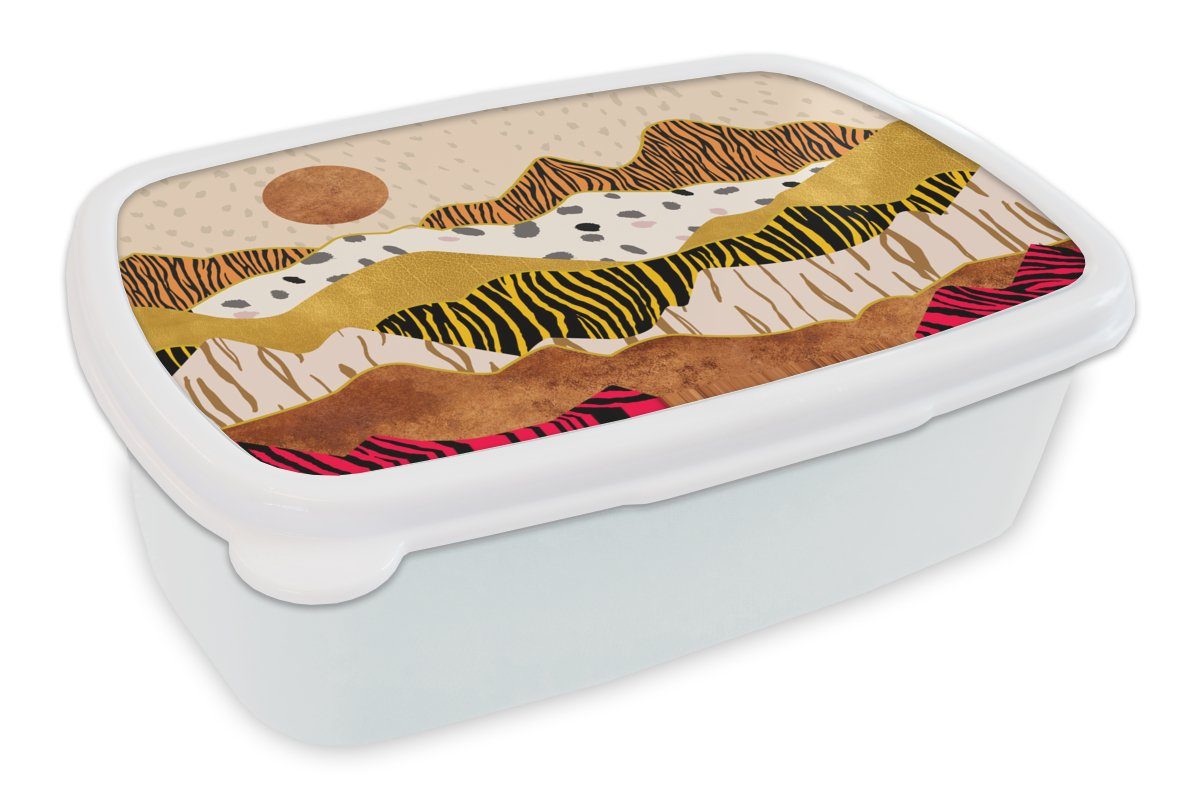MuchoWow Lunchbox Tiger Druck - Pastell - Gold - Druck - Tiger - Abstrakt, Kunststoff, (2-tlg), Brotbox für Kinder und Erwachsene, Brotdose, für Jungs und Mädchen weiß