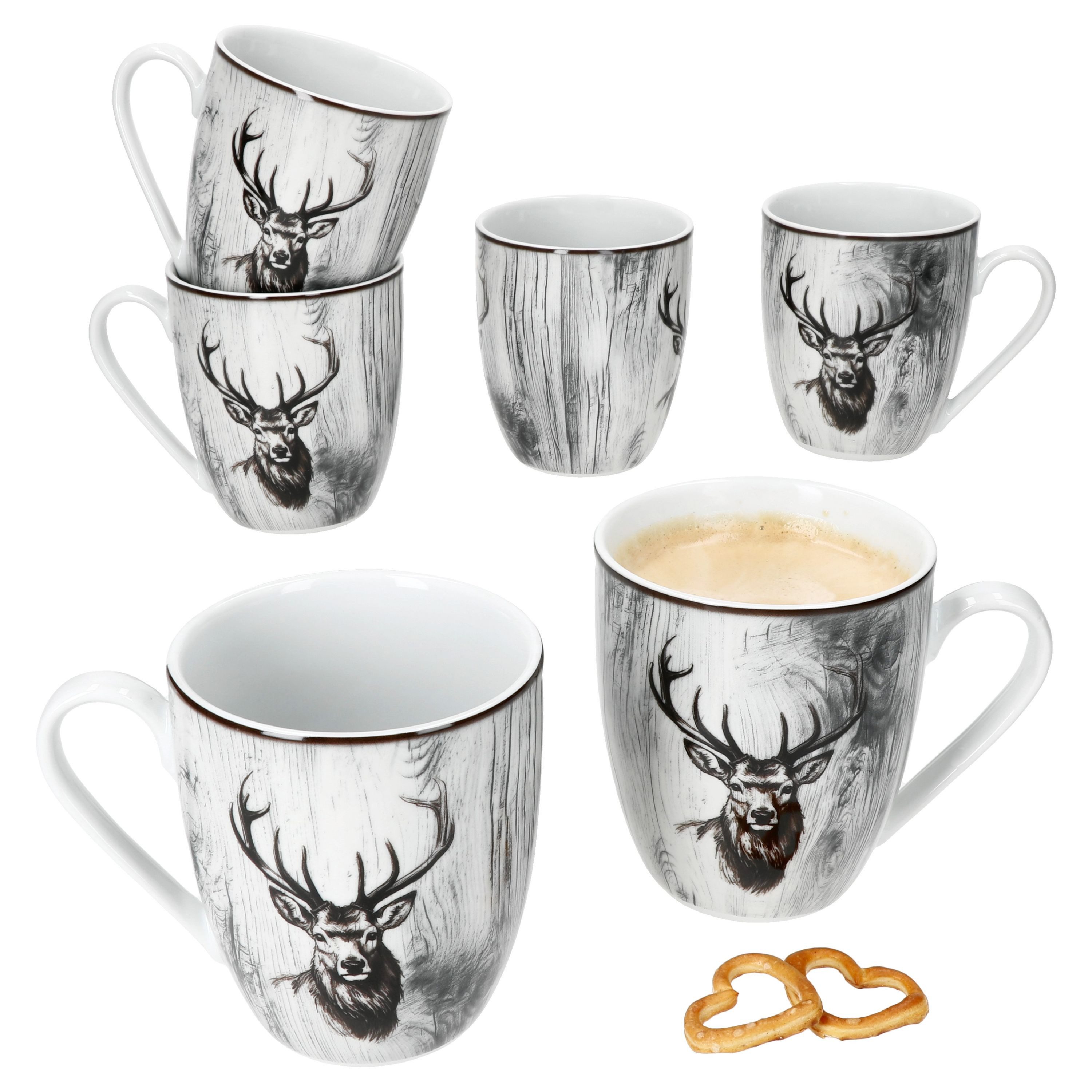 MamboCat Becher 6er Set Alois Kaffeebecher 350ml Porzellan-Tassen 6 Personen Hirsch, Porzellan