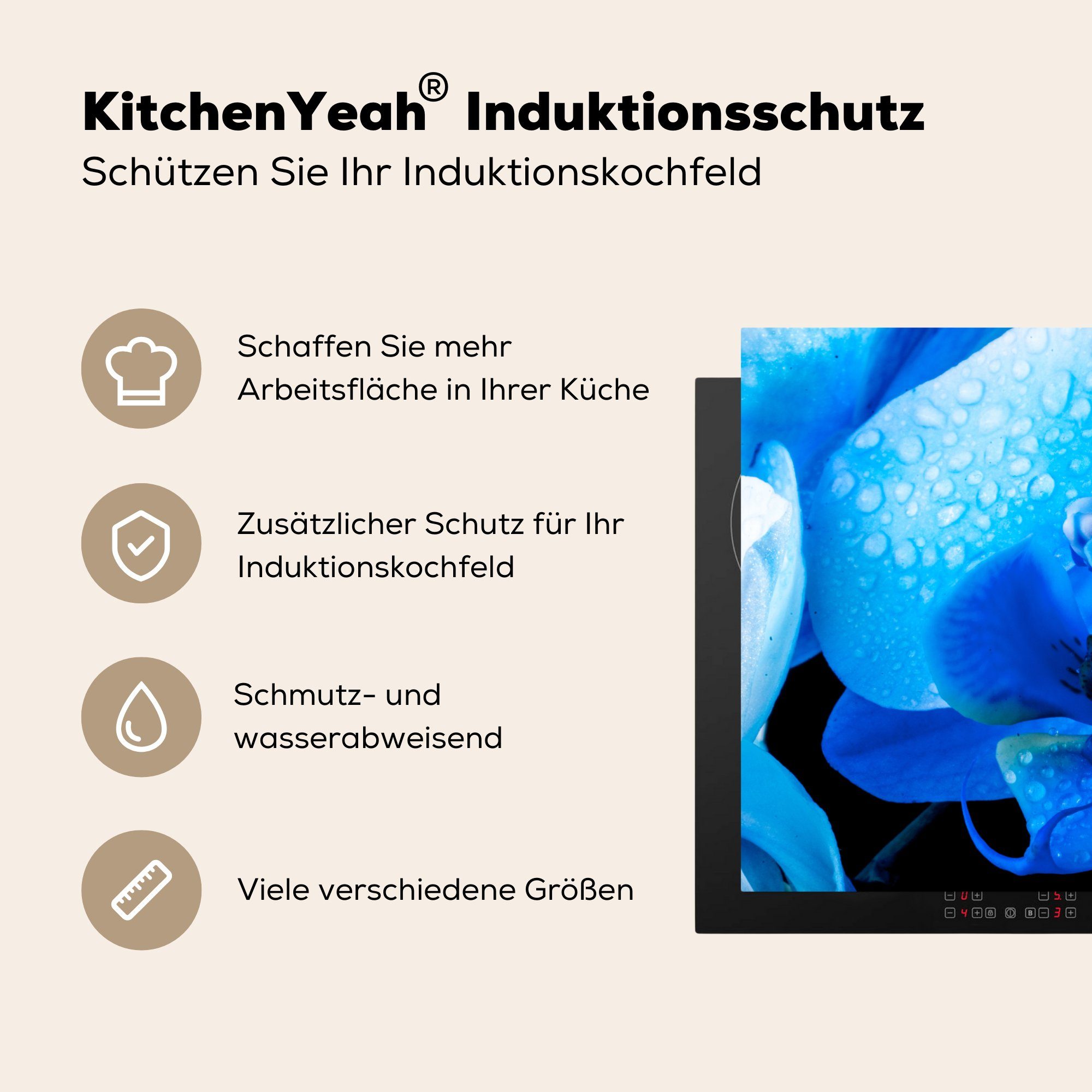 Ceranfeldabdeckung Schutz die Induktionskochfeld Vinyl, blauen Wassertropfen, küche, für cm, einer MuchoWow mit tlg), (1 81x52 Nahaufnahme Herdblende-/Abdeckplatte Orchidee