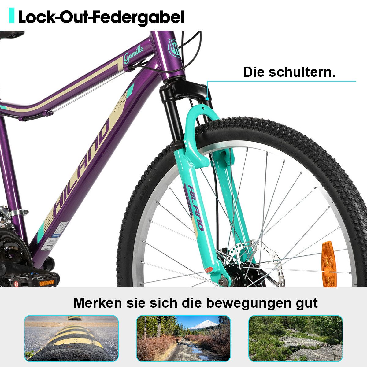 HILAND Mountainbike 26/27,5 Zoll Fahrrad für Erwachsene, MTB für Männer und Frauen, Mit Aluminium Rahmen, 18 Gang,Doppelscheibenbremse Federgabel
