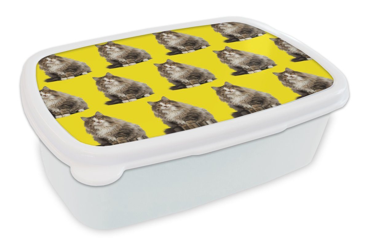 MuchoWow Lunchbox Katze - Muster - Gelb, Kunststoff, (2-tlg), Brotbox für Kinder und Erwachsene, Brotdose, für Jungs und Mädchen weiß