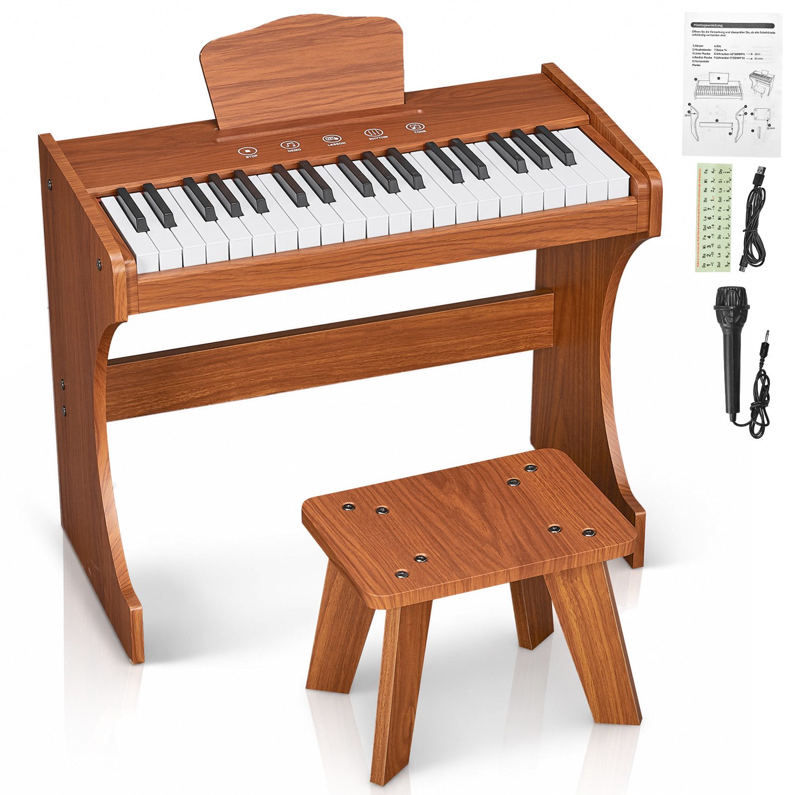 LALAHO Digitalpiano Kinderklavier Piano 37 Tasten – Touch-Key-Steuerung, mit Hocker, 8 Klangfarben, 16 Rhythmen, 10 Demo-Songs,2 Lernmodi
