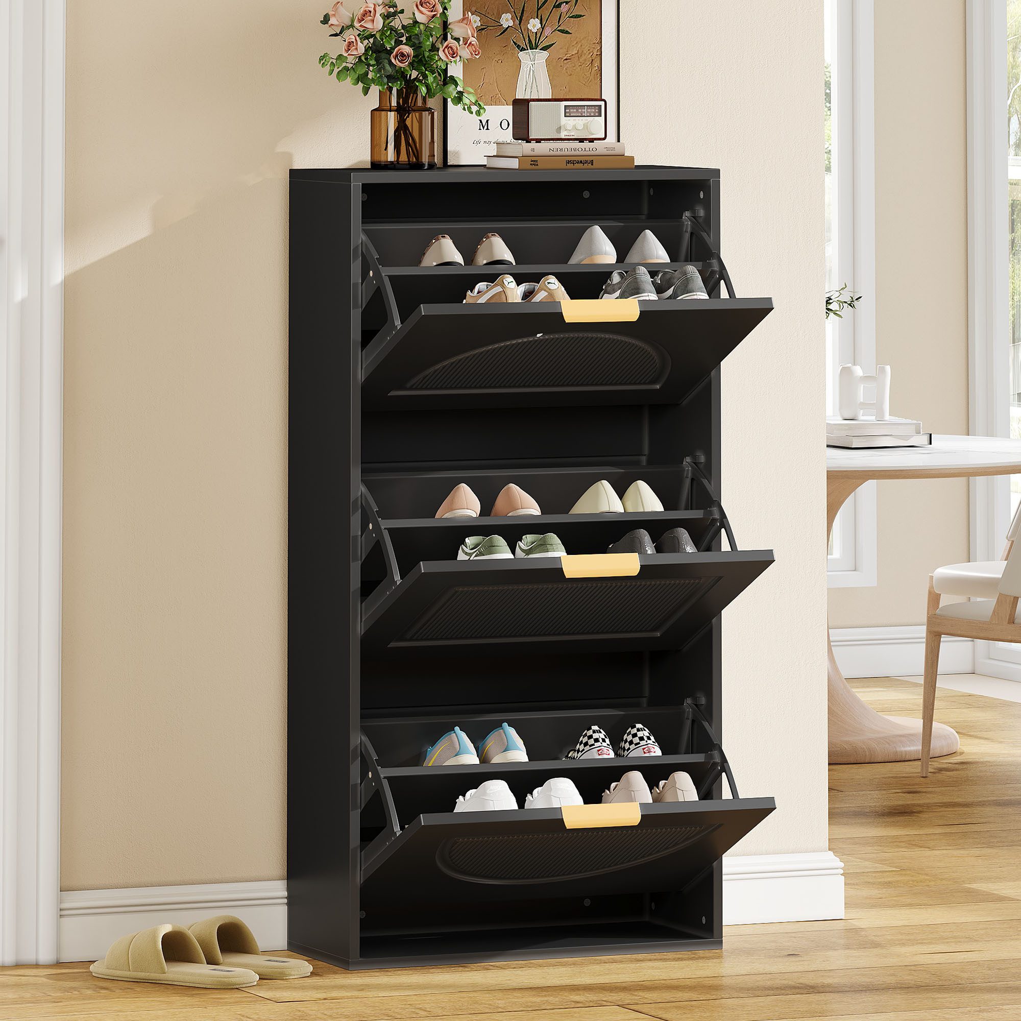 BlingBin Schuhschrank Schuhregal Schuhkipper Schuhkommode (Er bietet Platz für 12 bis 18 Paar Schuhe, 1-St., mit 3 Klapptüren, für Flure, Eingangsbereiche, Wohnzimmer und Büros) 60 L x 24 B x 114 H(cm), Schwarz