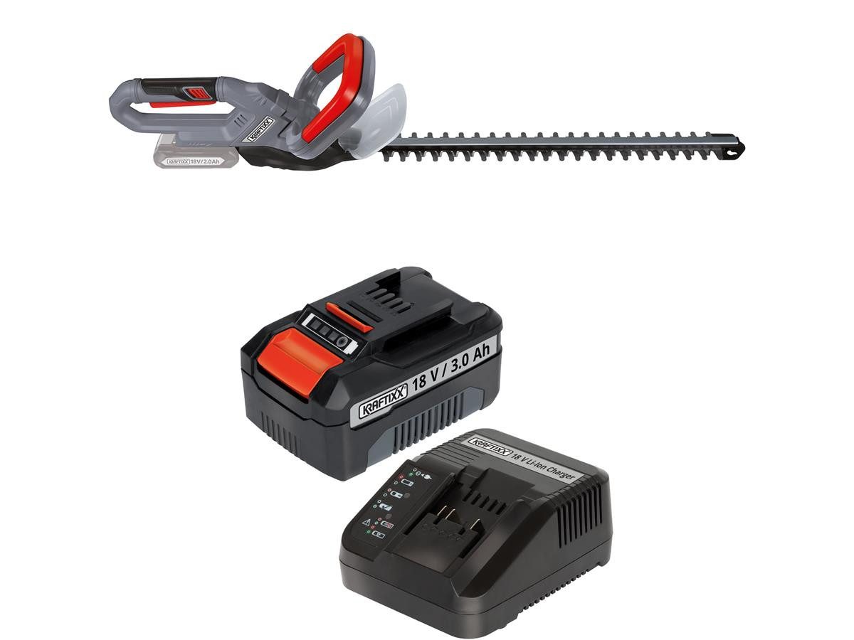 KRAFTIXX® Heckenschere KX-AHS 1858 Li, (Set, 3-tlg), inkl. 3,0 Ah Akku, kompatibel mit Einhell Power X-Change Akkusystem