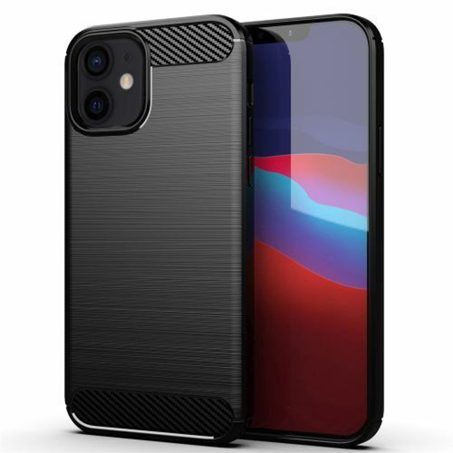 betterfon Handyhülle Carbon Hülle für iPhone 12 Mini Backcover TPU Silikon Bumper Schwarz, Carbon-Look – stoßfestes Case mit Air-Cushion & Metall-Optik
