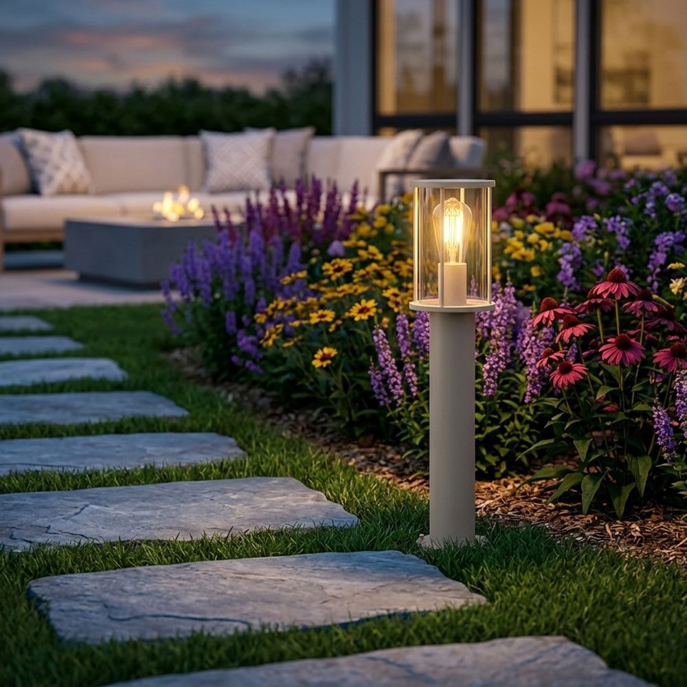 GLOBO LIGHTING LED Sockelleuchte, Leuchtmittel inklusive, Warmweiß, LED Sockelleuchte Edelstahl Glaszylinder sandfarben Außen Stehleuchte