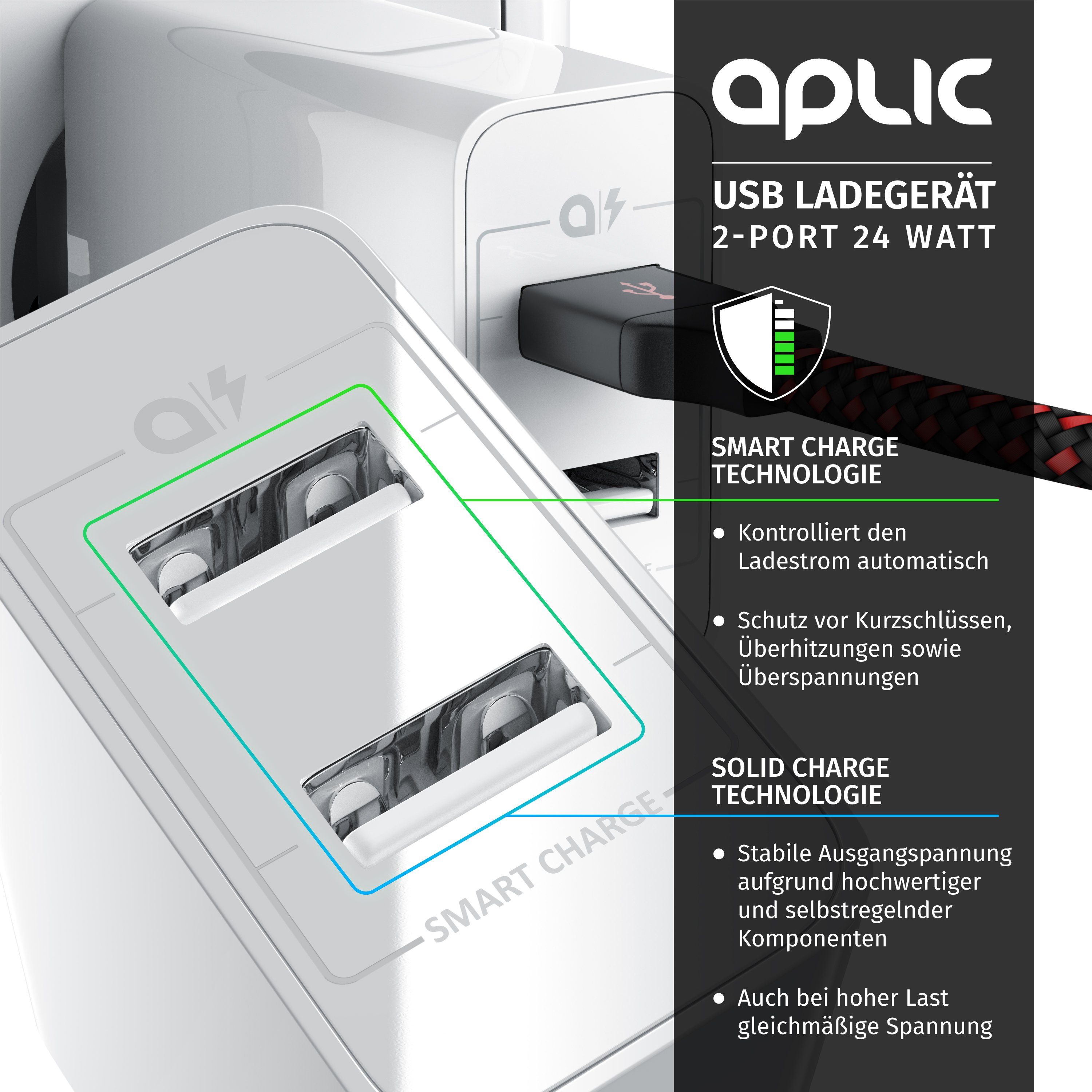 Aplic 2 Port Nezteil mit Smart Charge + Solid Charge, Leistungsstarke 24W USB-Ladegerät (4800 mA, Ladeadapter kompatibel mit Apple iPhone iPad Samsung Xiaomi Huawei)