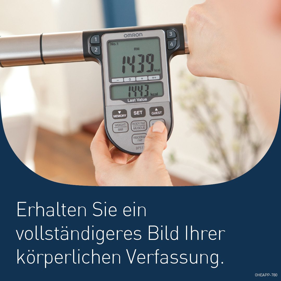 Omron Körper-Analyse-Waage BF511 Ganzkörpermessung mit klinischer Genauigkeit, 8 Sensoren, Körper- & Viszeralfett, Muskelmasse, BMI & RMR, bis 150 kg, 4 Nutzer