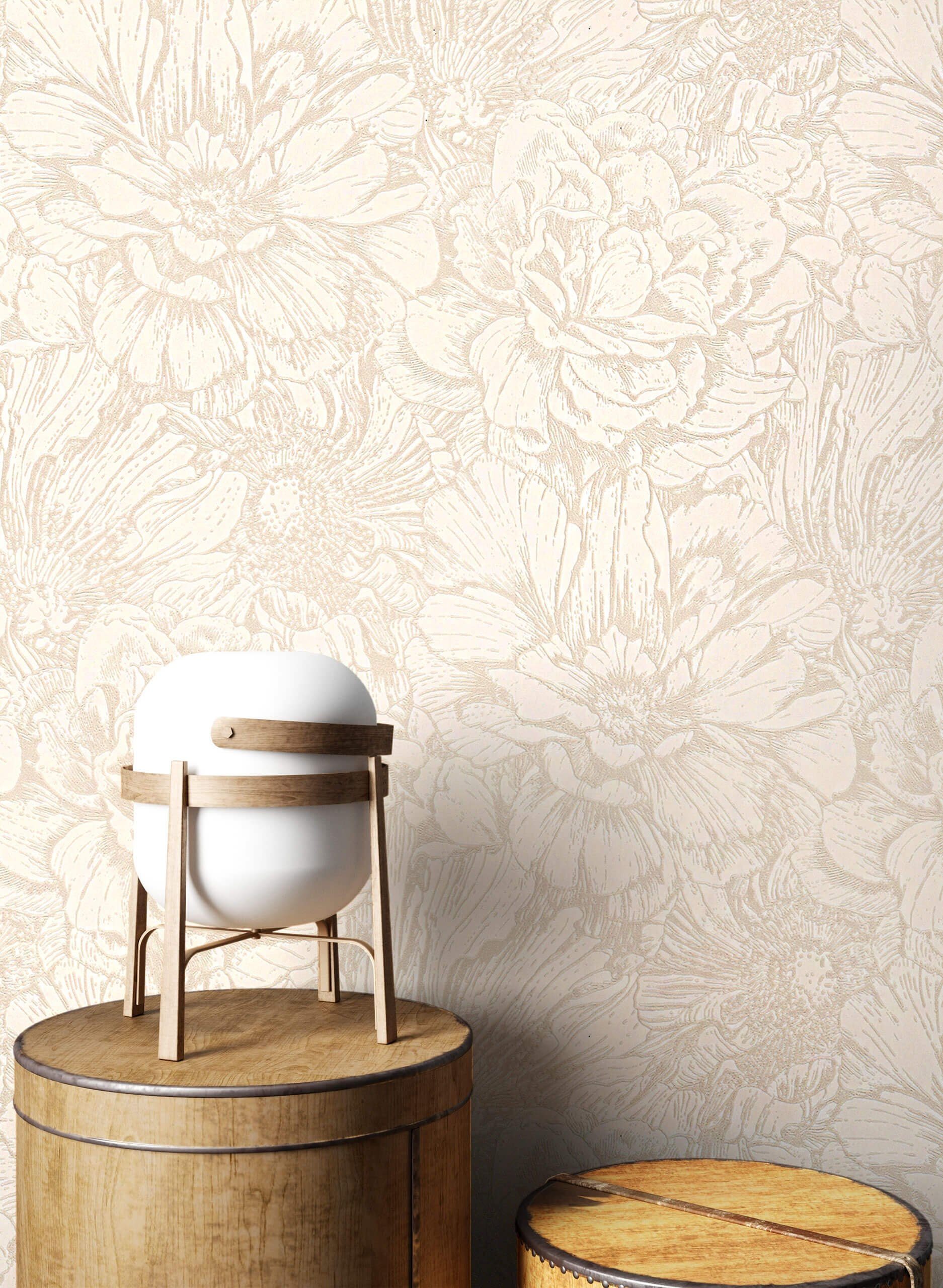 Newroom Vliestapete, Beige Tapete Floral Blumen günstig online kaufen