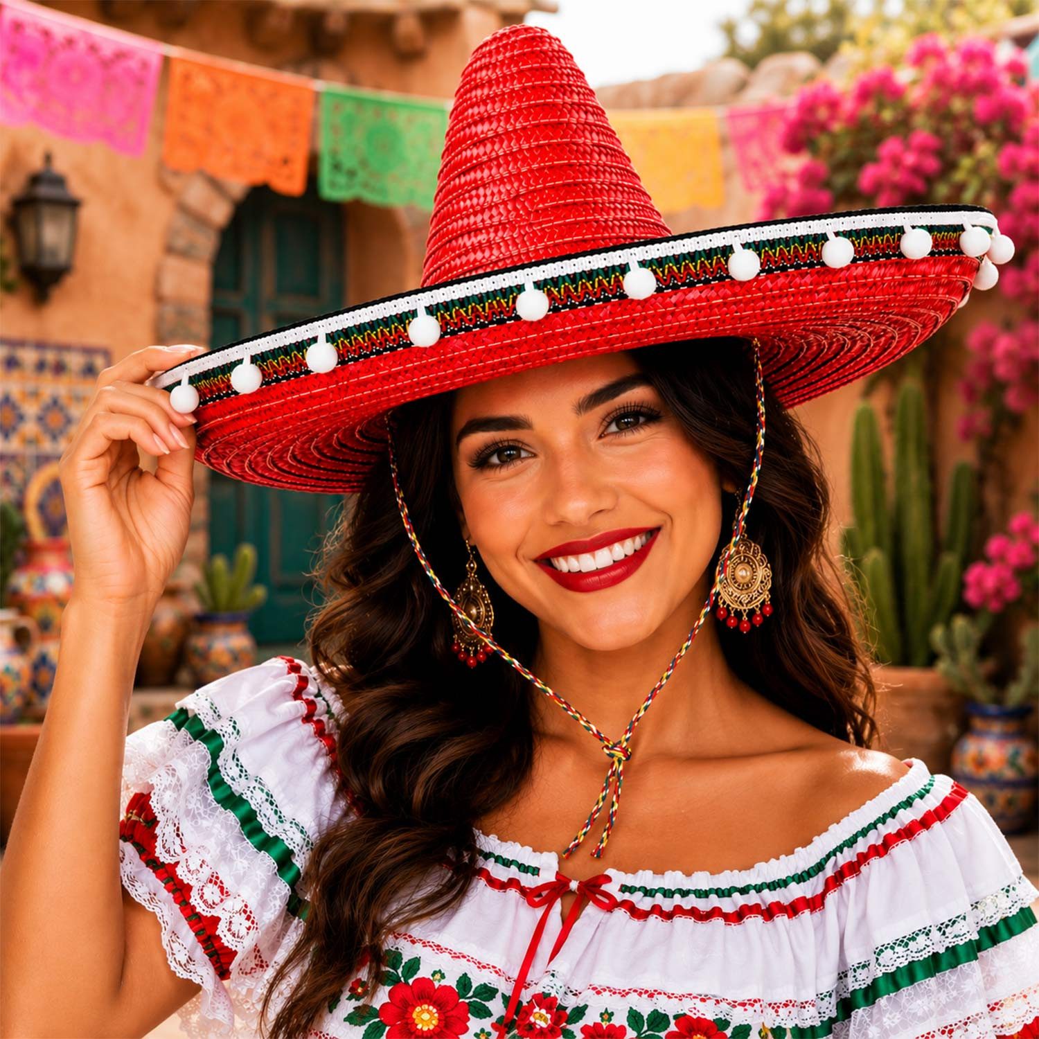 Funny Fashion Strohhut Mexiko Sombrero mit Troddeln - Ø 60 cm